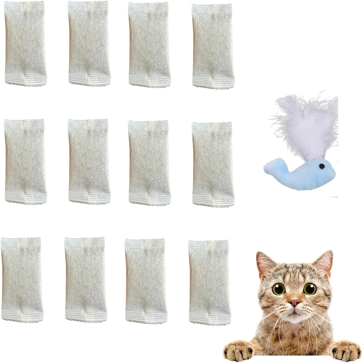 12 Pack Natural Catnip Pouches for Cat Toys, Non-Woven Fabric Cat nip Refills, Gift Packaging with Catnip Tea Bags and Feather Whale Toy