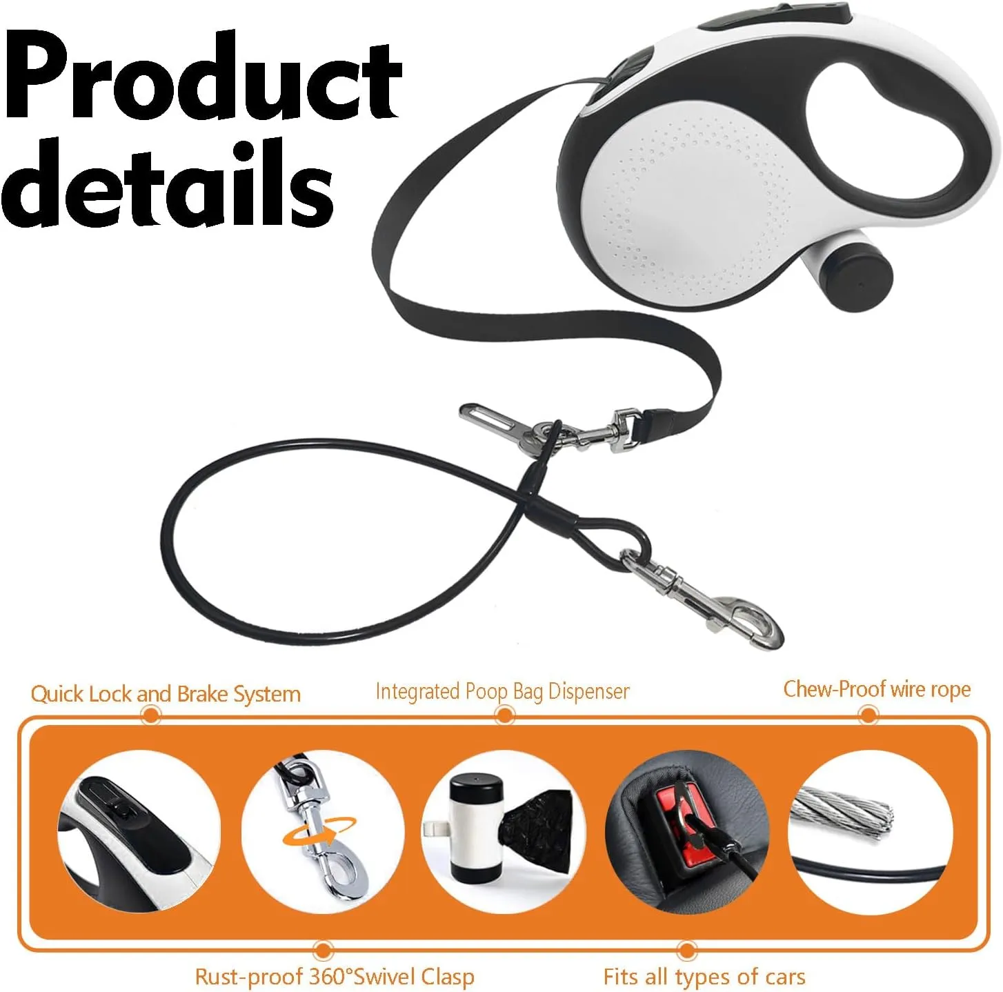 26Ft Retractable Dog Leash with Chew Proof Cable,Heavy Duty Dog Leash with Removable Poop Bags for Medium Large Dogs up to 110lbs,Strong Nylon Tape No Tangle,One-Handed Brake (White)