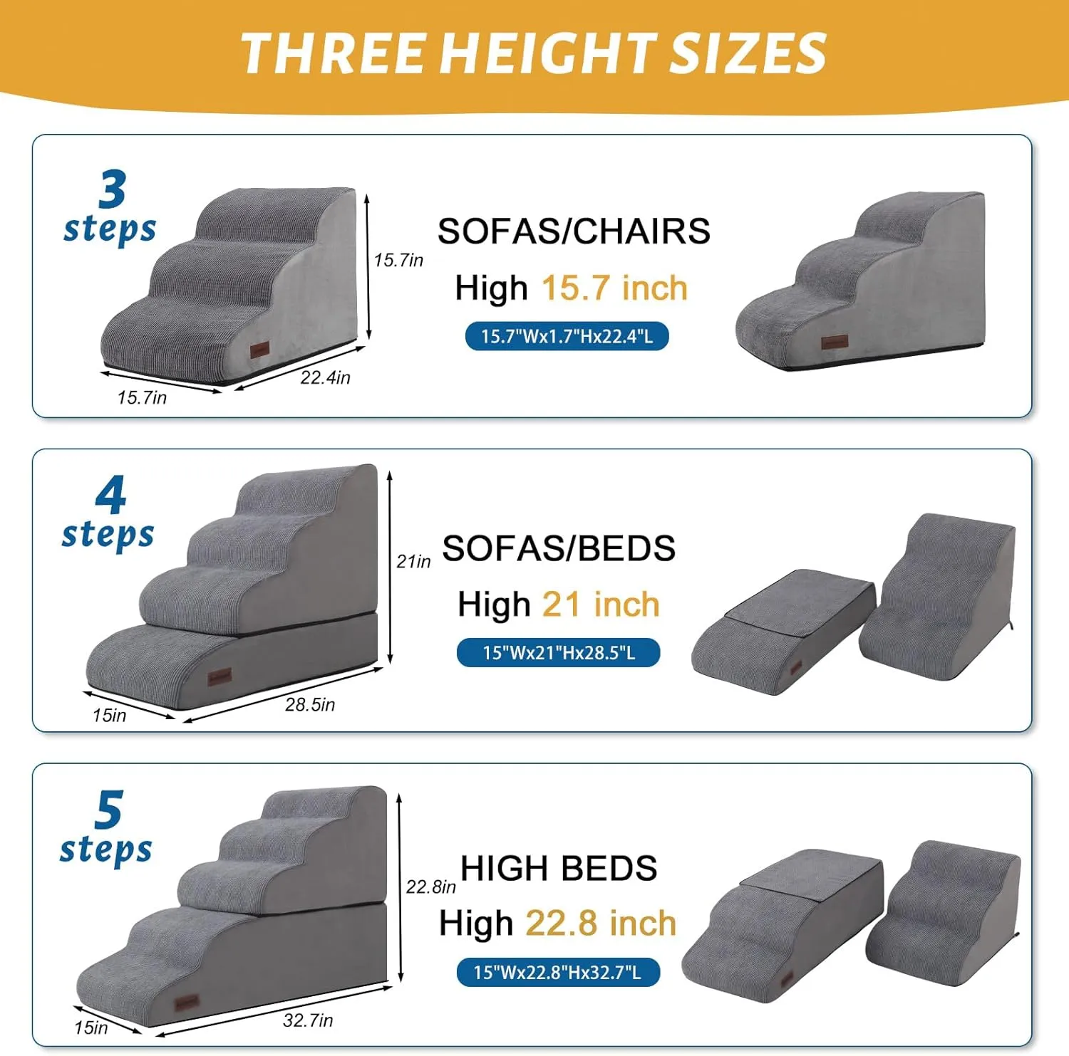 4-Step Dog Stairs and Ramp for Beds or Couches  Non-Slip Sturdy Pet Steps for Small Dogs and Cats,21" H,Grey
