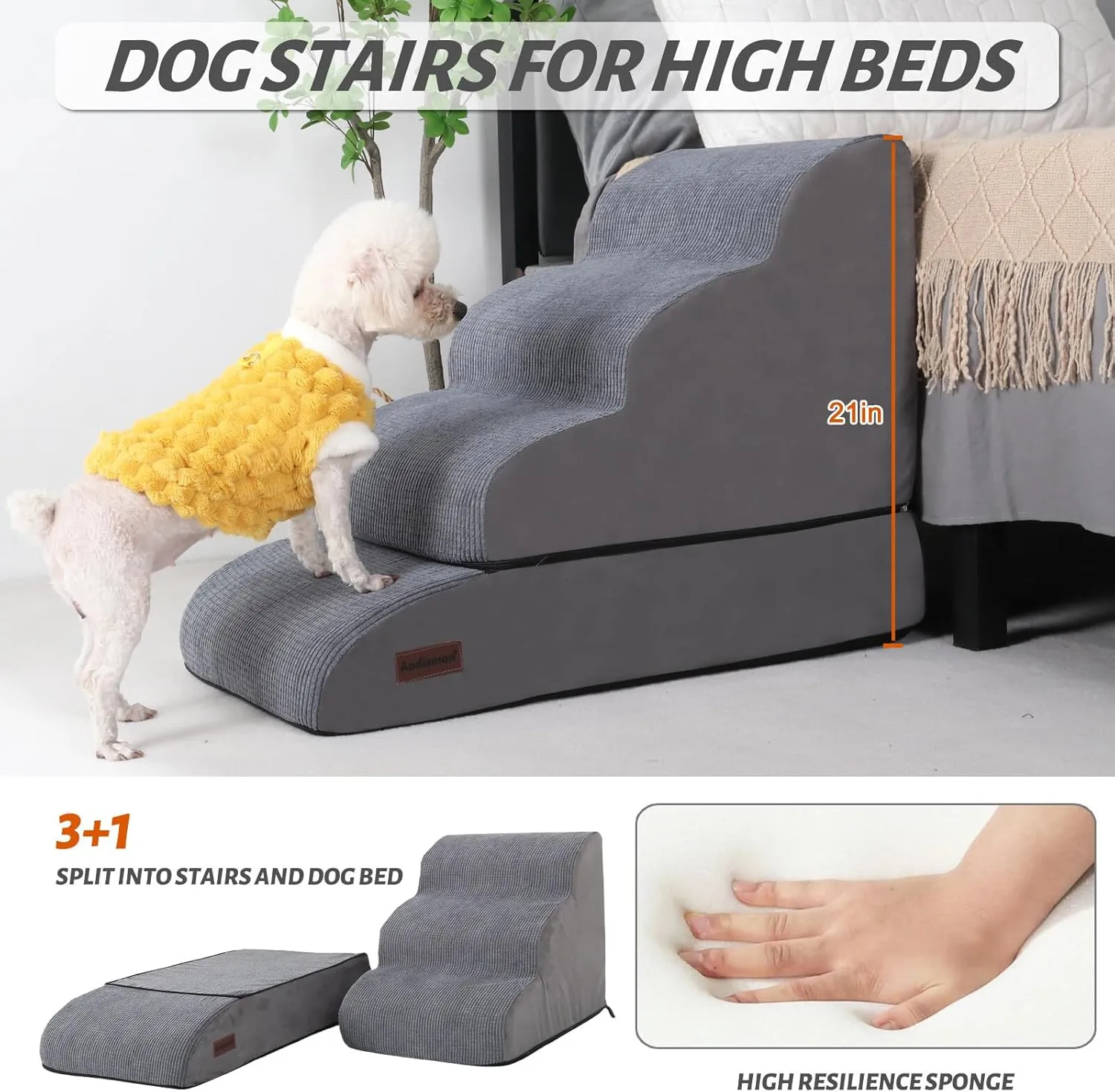 4-Step Dog Stairs and Ramp for Beds or Couches  Non-Slip Sturdy Pet Steps for Small Dogs and Cats,21" H,Grey