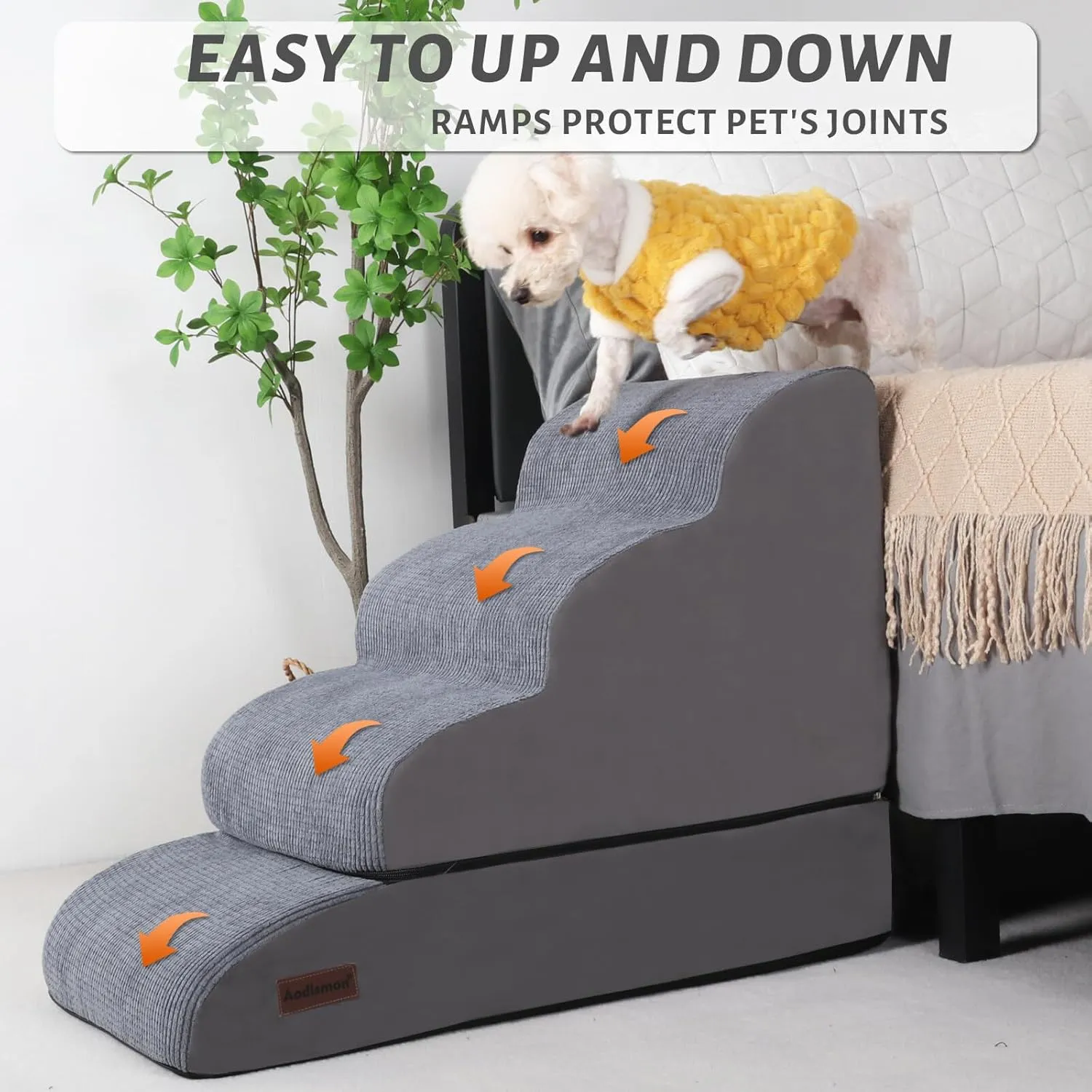 4-Step Dog Stairs and Ramp for Beds or Couches  Non-Slip Sturdy Pet Steps for Small Dogs and Cats,21" H,Grey