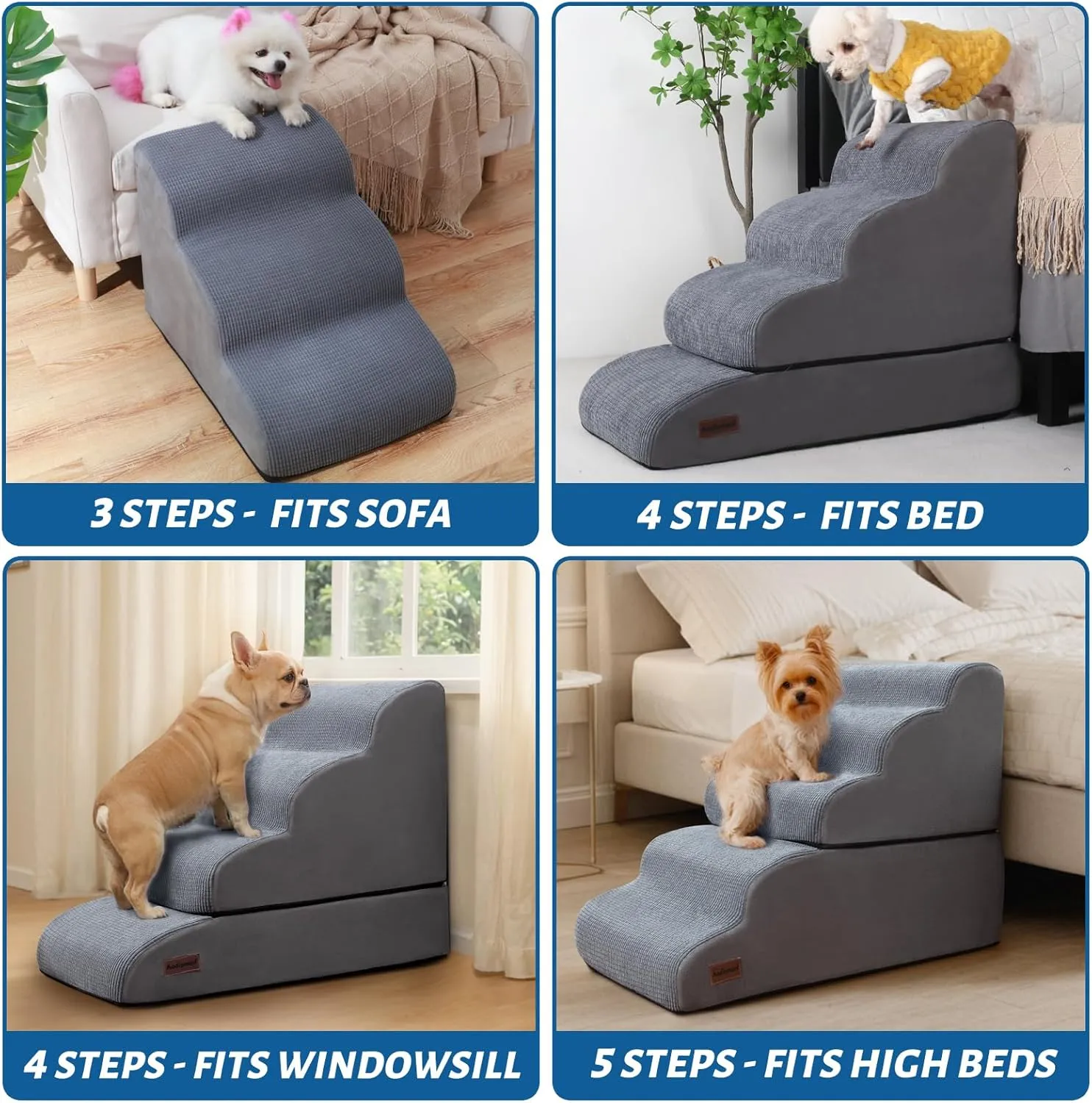 4-Step Dog Stairs and Ramp for Beds or Couches  Non-Slip Sturdy Pet Steps for Small Dogs and Cats,21" H,Grey