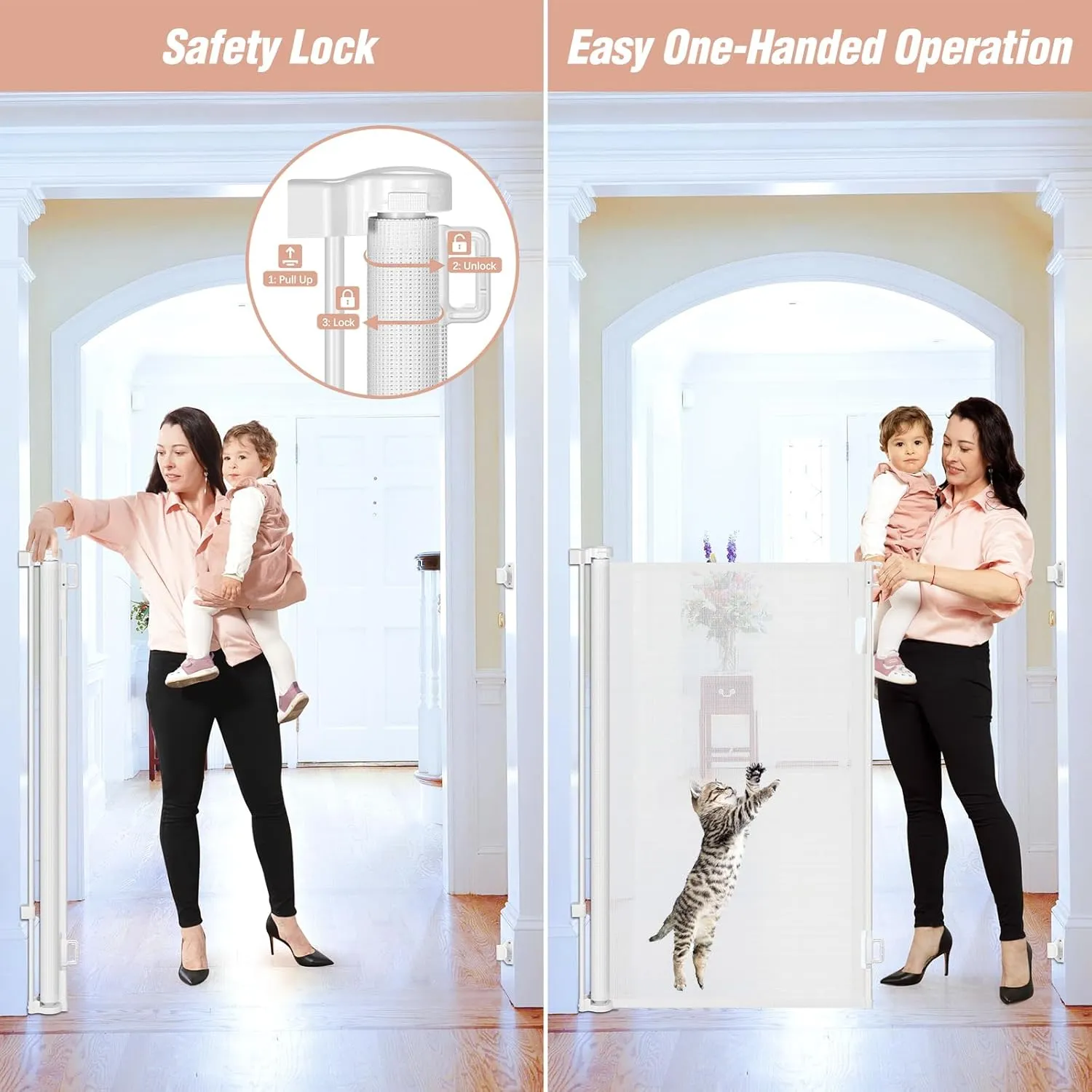 48 Inch Extra Tall Pet Gate 55" Wide Retractable Baby Gates, Extra Tall Cat Gate Indoor/Outdoor Retractable Gate Tall Baby Gates for Dogs Extra Tall Gates for Cats - No Jumping Over, White