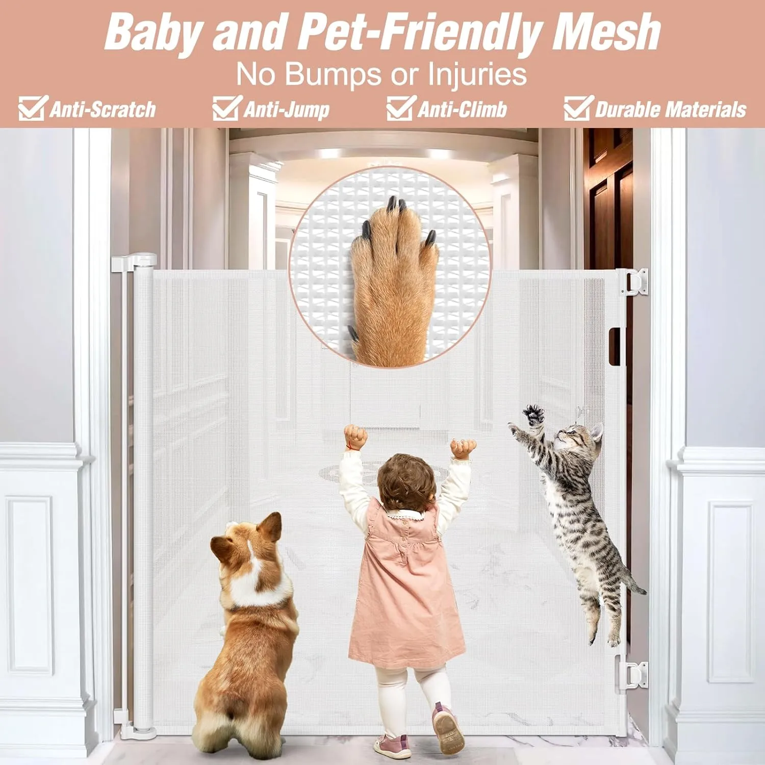 48 Inch Extra Tall Pet Gate 55" Wide Retractable Baby Gates, Extra Tall Cat Gate Indoor/Outdoor Retractable Gate Tall Baby Gates for Dogs Extra Tall Gates for Cats - No Jumping Over, White