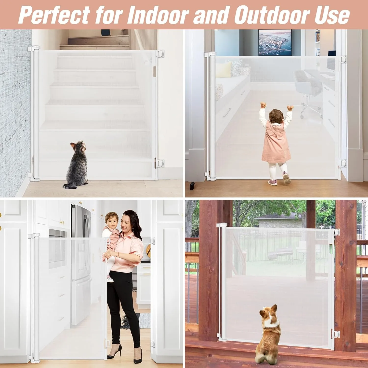 48 Inch Extra Tall Pet Gate 55" Wide Retractable Baby Gates, Extra Tall Cat Gate Indoor/Outdoor Retractable Gate Tall Baby Gates for Dogs Extra Tall Gates for Cats - No Jumping Over, White