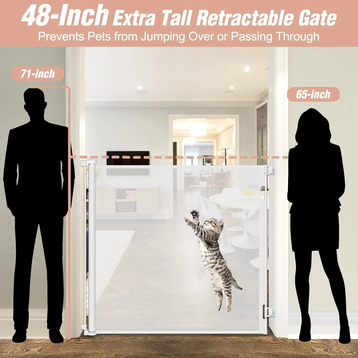 48 Inch Extra Tall Pet Gate 55" Wide Retractable Baby Gates, Extra Tall Cat Gate Indoor/Outdoor Retractable Gate Tall Baby Gates for Dogs Extra Tall Gates for Cats - No Jumping Over, White