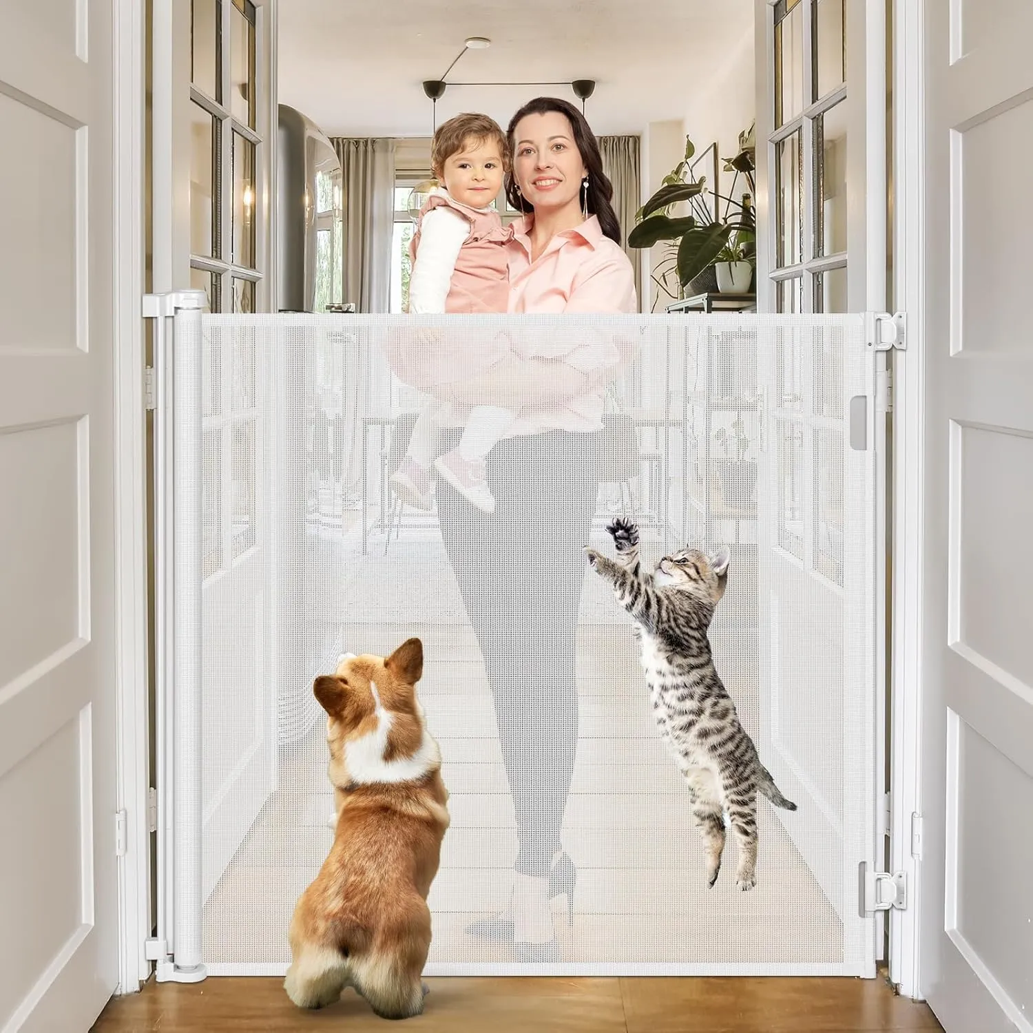 48 Inch Extra Tall Pet Gate 55" Wide Retractable Baby Gates, Extra Tall Cat Gate Indoor/Outdoor Retractable Gate Tall Baby Gates for Dogs Extra Tall Gates for Cats - No Jumping Over, White
