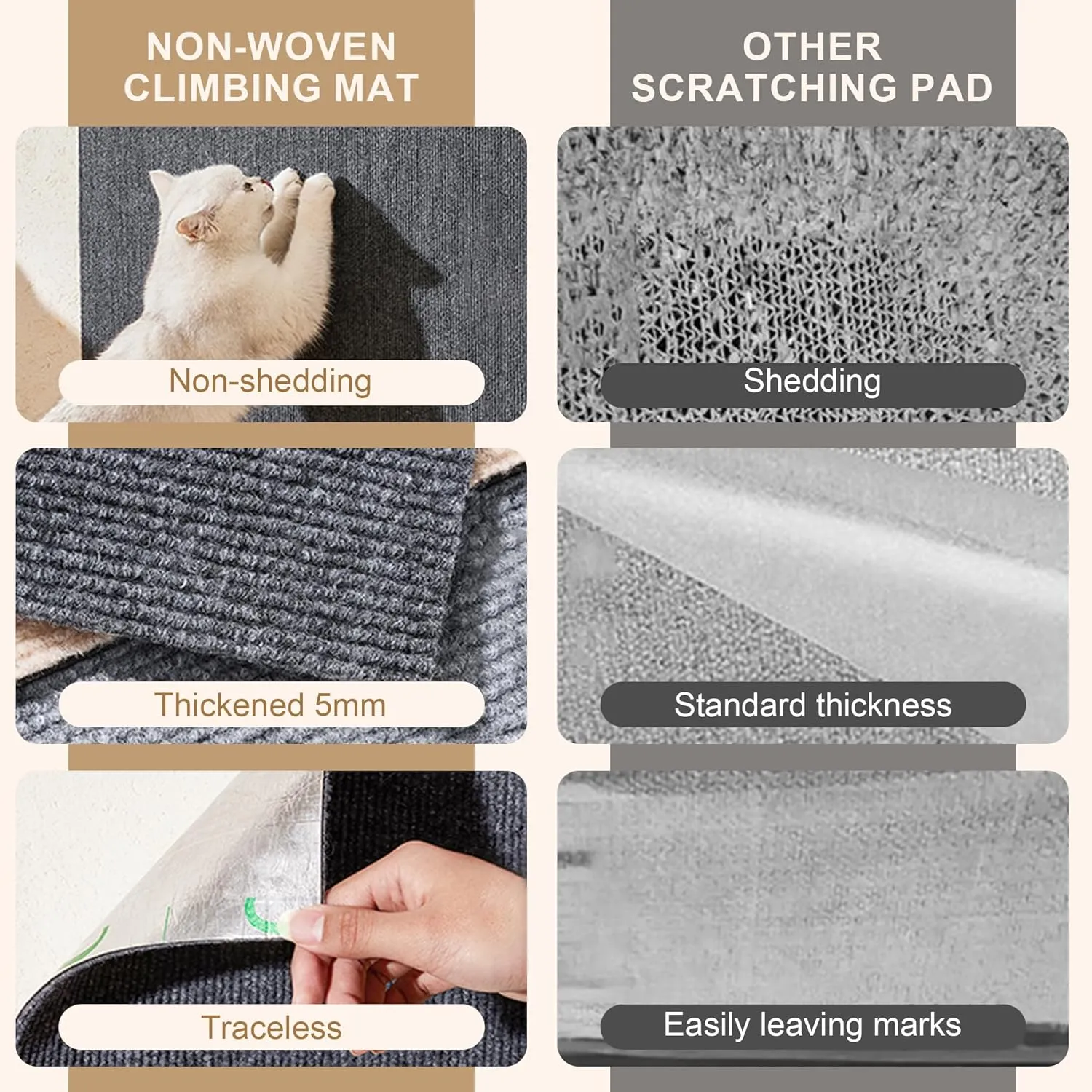 4PCS Cat Scratch Mats 39x12, Trimmable Self-Adhesive Cat Scratching Post Carpet Cover for Furniture, Includes Pendant Toy,White Velcro - Suitable for Large Medium and Small Cats (Beige)