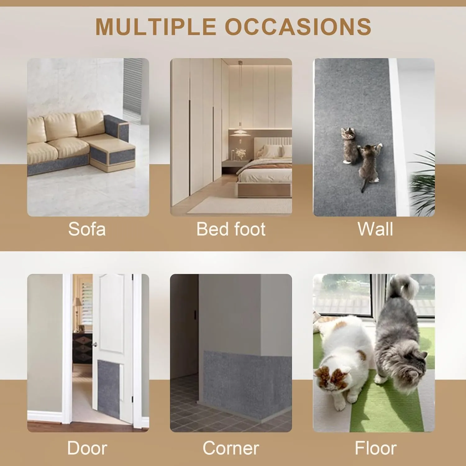 4PCS Cat Scratch Mats 39x12, Trimmable Self-Adhesive Cat Scratching Post Carpet Cover for Furniture, Includes Pendant Toy,White Velcro - Suitable for Large Medium and Small Cats (Beige)