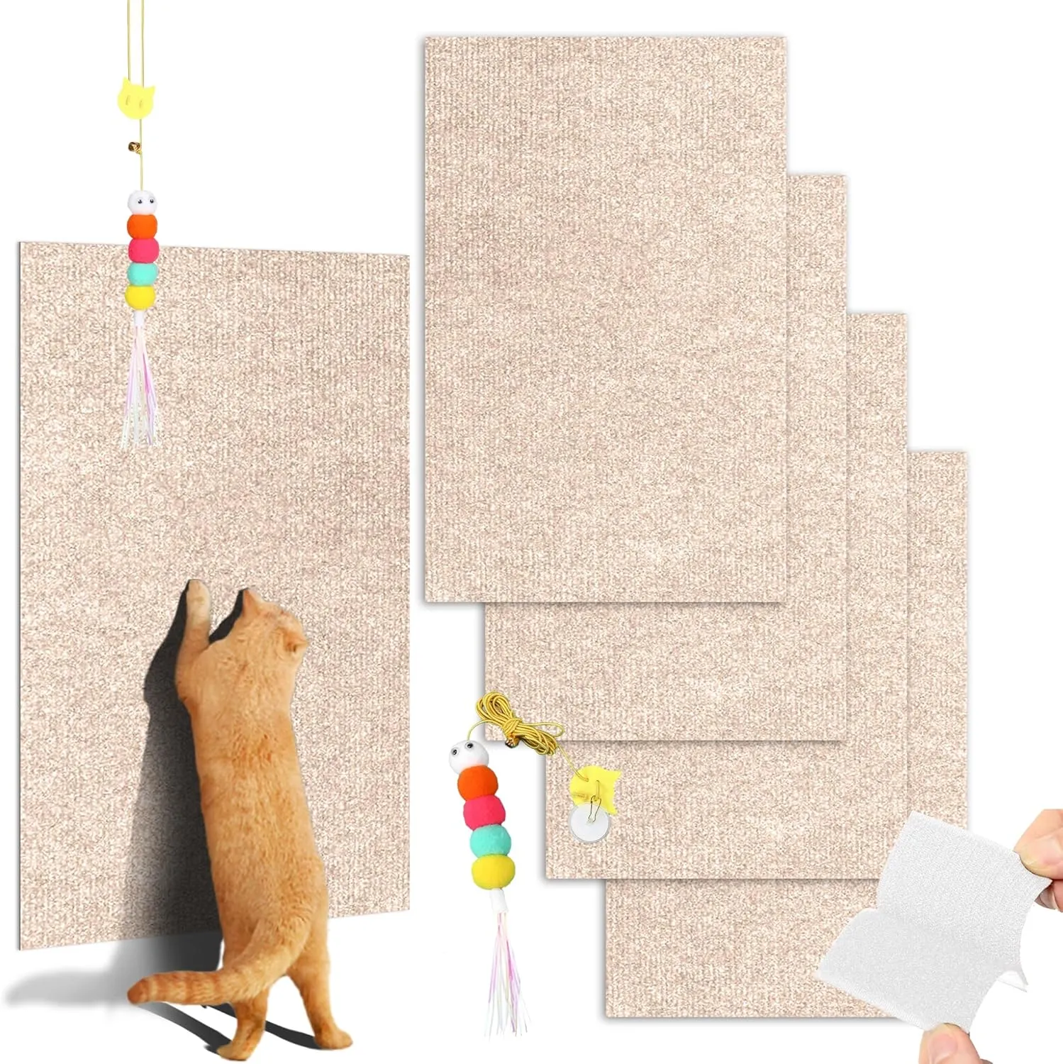 4PCS Cat Scratch Mats 39x12, Trimmable Self-Adhesive Cat Scratching Post Carpet Cover for Furniture, Includes Pendant Toy,White Velcro - Suitable for Large Medium and Small Cats (Beige)