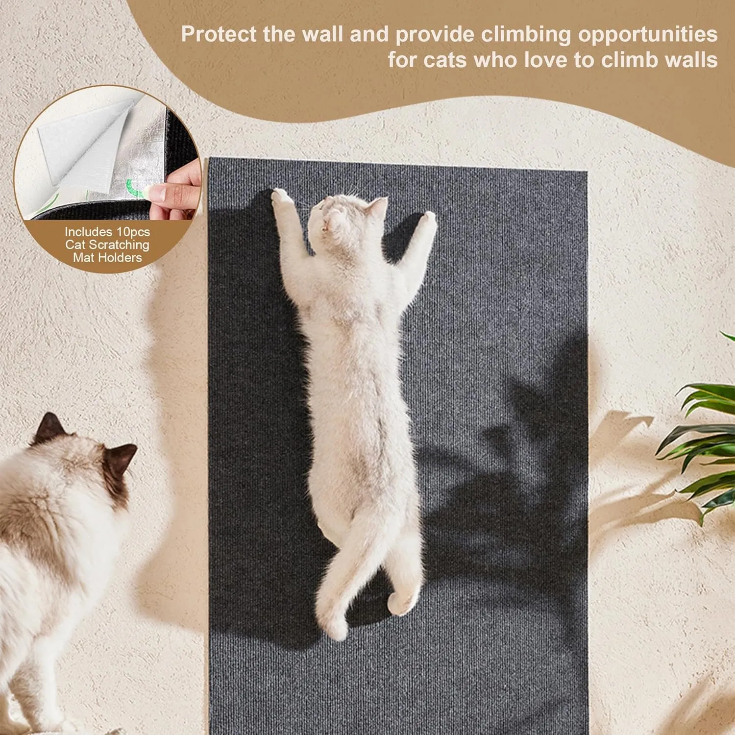 4PCS Cat Scratch Mats 39x12, Trimmable Self-Adhesive Cat Scratching Post Carpet Cover for Furniture, Includes Pendant Toy,White Velcro - Suitable for Large Medium and Small Cats (Beige)