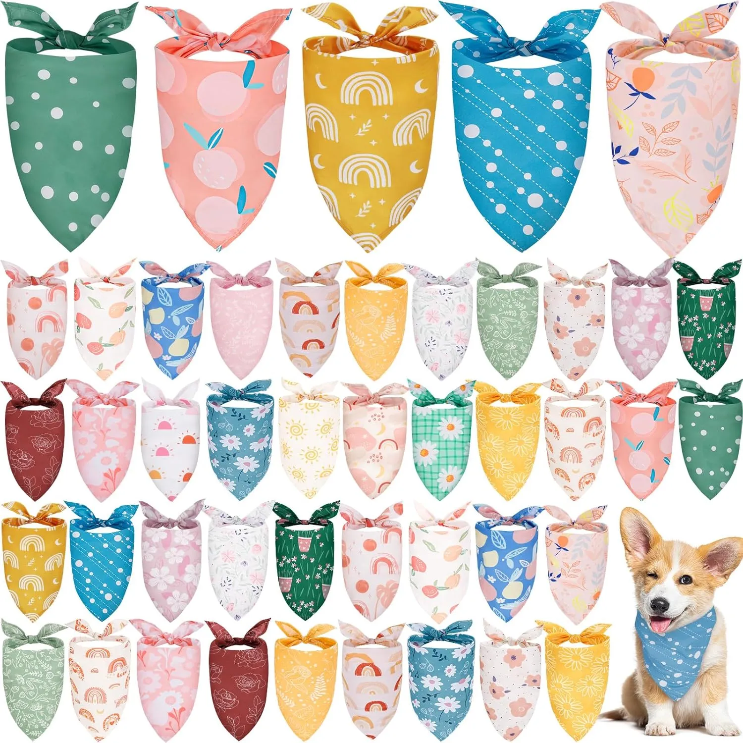 50 Pack Dog Bandanas Bulk Summer Spring Flower Dog Bandanas Pet Costume Dog Outfit Holiday Washable Scarf Pets Triangle Head Scarfs Bandanas Puppy Floral Dog Bibs for Girl and Boy (Multicolor)