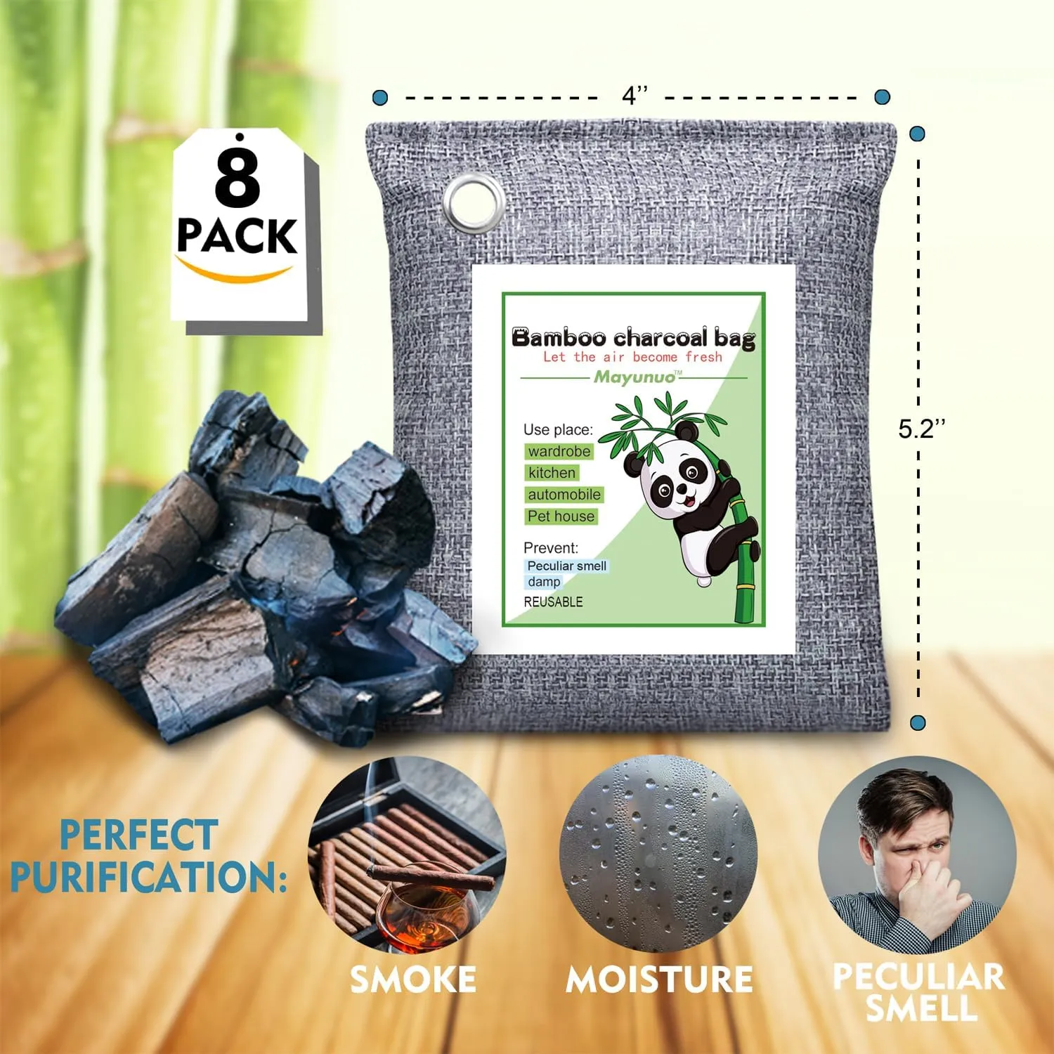 Activated Charcoal Odor Absorber for Strong Odor in Basement, Car, Closet, Shoe, 8 Pack Bamboo Charcoal Air Purifying Bags Deodorizer Odor Eliminator for Home