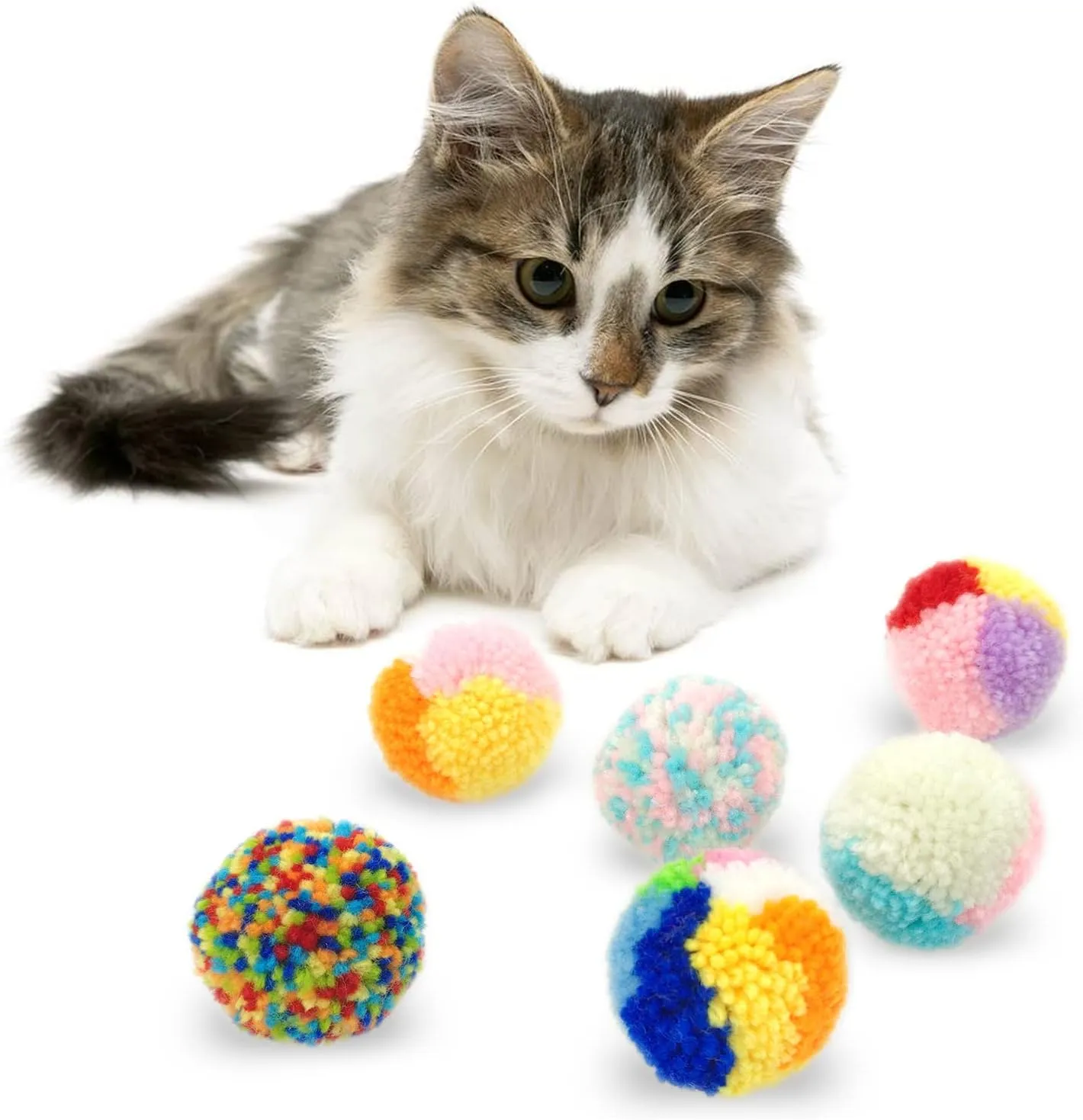 Andiker 6 Pcs Assorted Color Cat Ball Toys, Woolen Yarn Puffs Cat Pom Pom Balls Interactive Kitten Chasing Toys