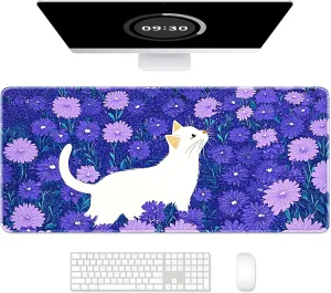 Auhoahsil Large Mouse Pad, XXL Gaming Mousepad, Desk Mat for Desktop, Thick Rubber, Big & Long Size, Stitched Edges, Full Desk Pad for Laptop & Computer, Extended 35.4 x 15.7 in, Cat and Hibiscus