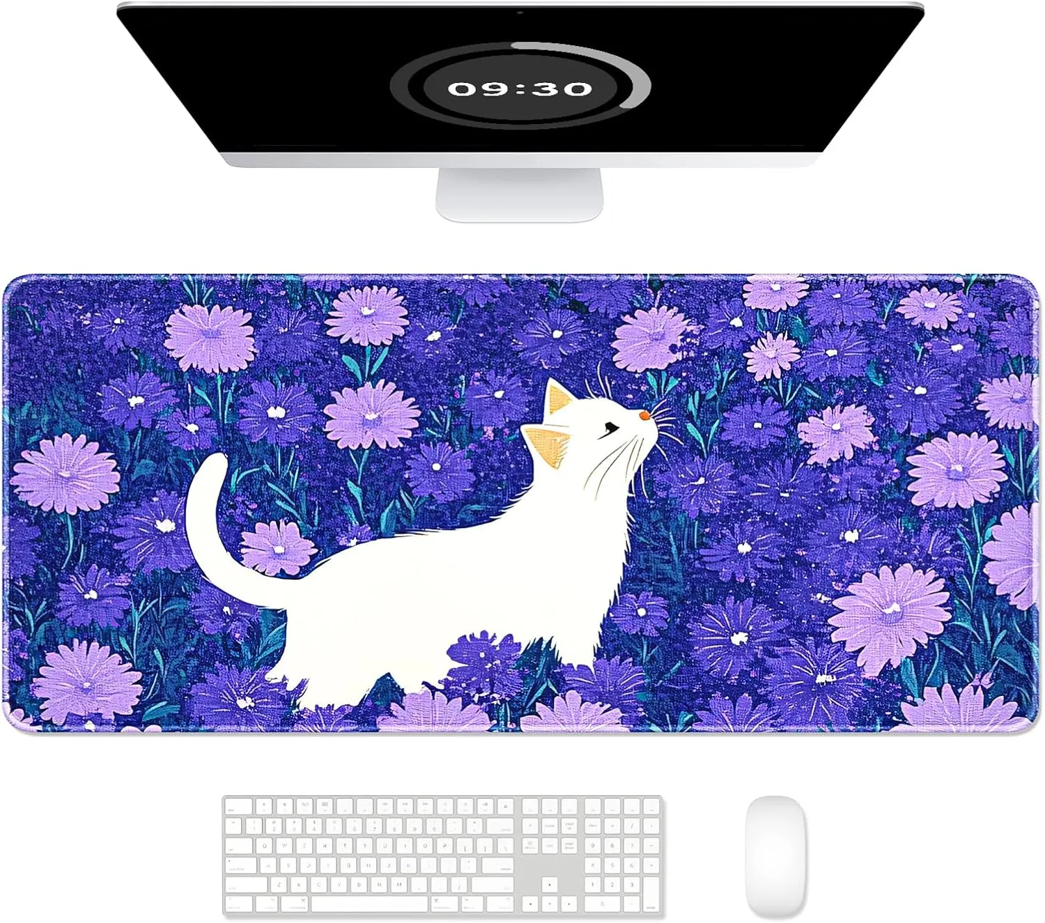 Auhoahsil Large Mouse Pad, XXL Gaming Mousepad, Desk Mat for Desktop, Thick Rubber, Big & Long Size, Stitched Edges, Full Desk Pad for Laptop & Computer, Extended 35.4 x 15.7 in, Cat and Hibiscus