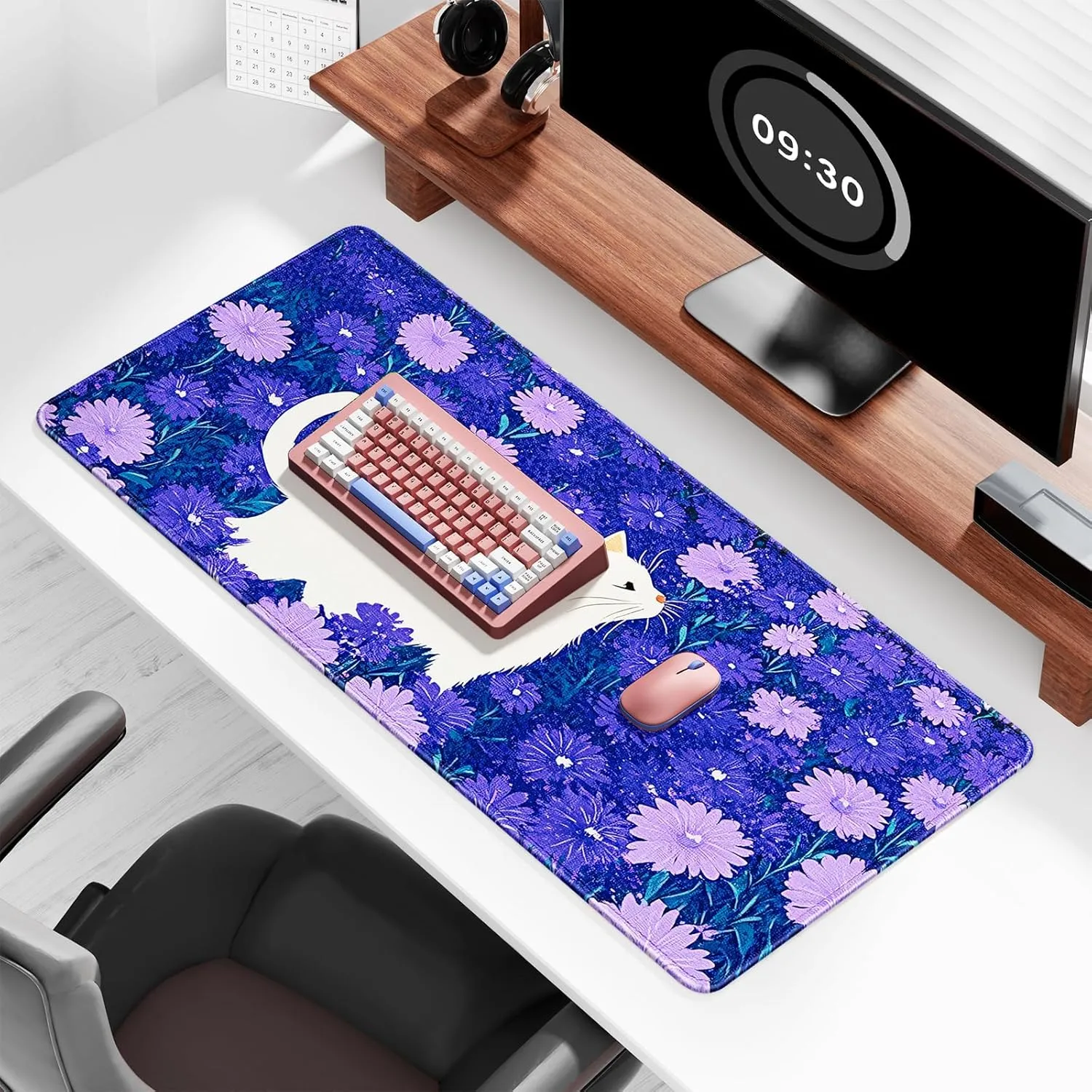 Auhoahsil Large Mouse Pad, XXL Gaming Mousepad, Desk Mat for Desktop, Thick Rubber, Big & Long Size, Stitched Edges, Full Desk Pad for Laptop & Computer, Extended 35.4 x 15.7 in, Cat and Hibiscus