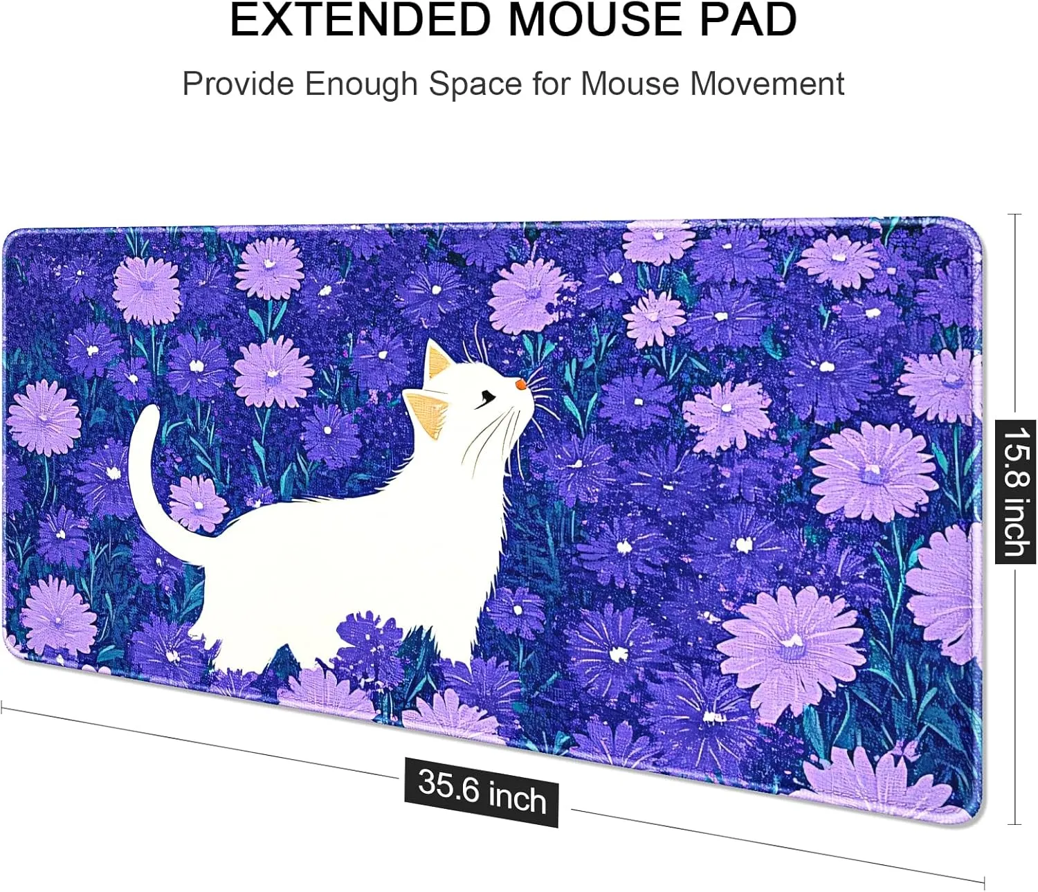 Auhoahsil Large Mouse Pad, XXL Gaming Mousepad, Desk Mat for Desktop, Thick Rubber, Big & Long Size, Stitched Edges, Full Desk Pad for Laptop & Computer, Extended 35.4 x 15.7 in, Cat and Hibiscus