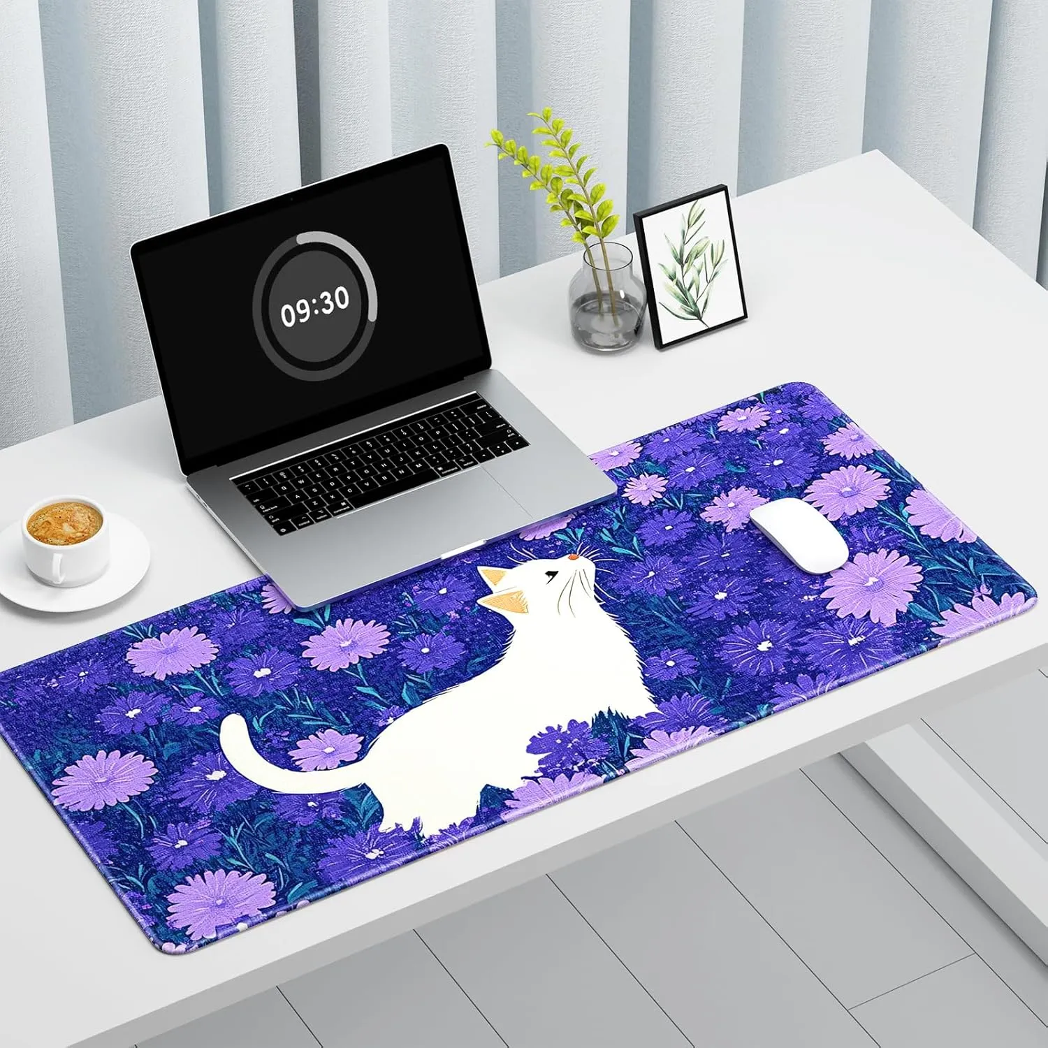 Auhoahsil Large Mouse Pad, XXL Gaming Mousepad, Desk Mat for Desktop, Thick Rubber, Big & Long Size, Stitched Edges, Full Desk Pad for Laptop & Computer, Extended 35.4 x 15.7 in, Cat and Hibiscus