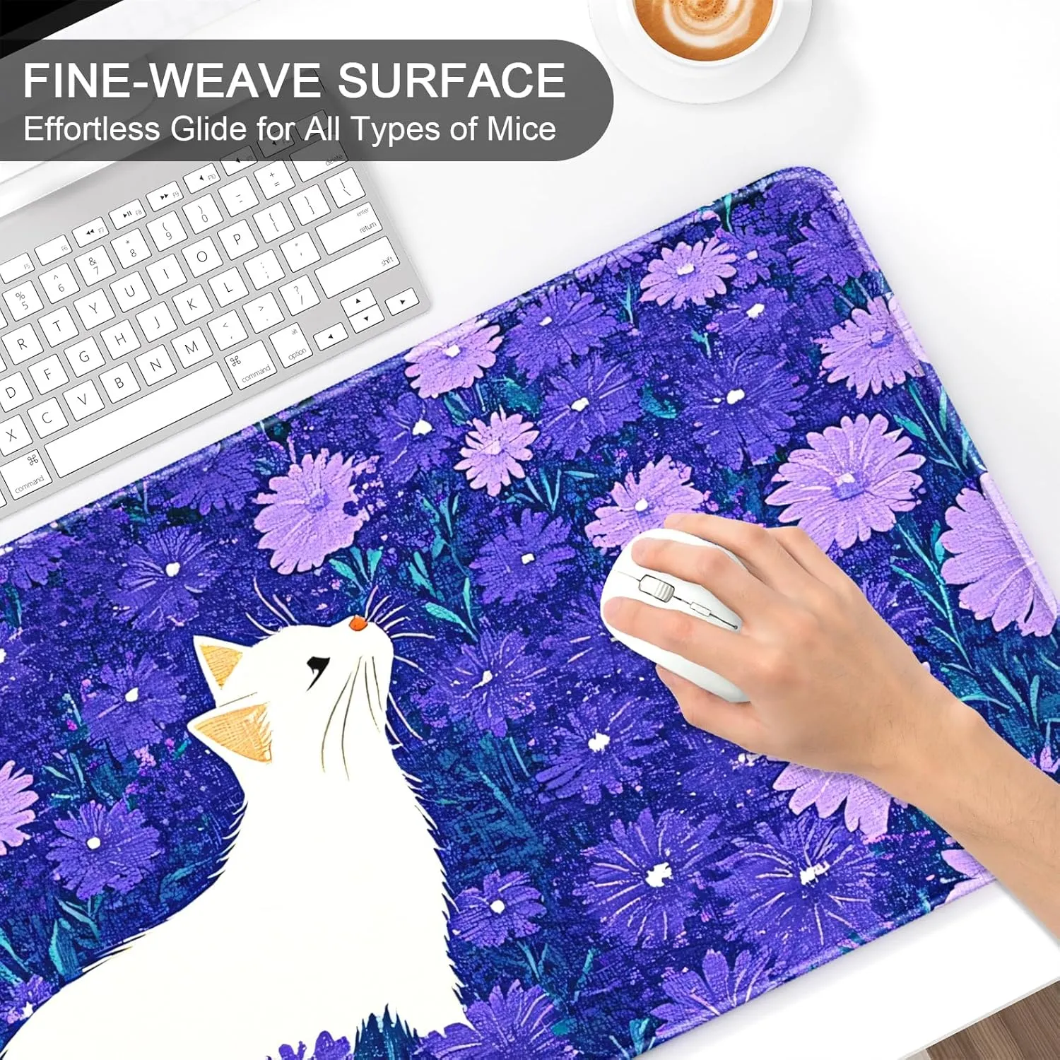 Auhoahsil Large Mouse Pad, XXL Gaming Mousepad, Desk Mat for Desktop, Thick Rubber, Big & Long Size, Stitched Edges, Full Desk Pad for Laptop & Computer, Extended 35.4 x 15.7 in, Cat and Hibiscus