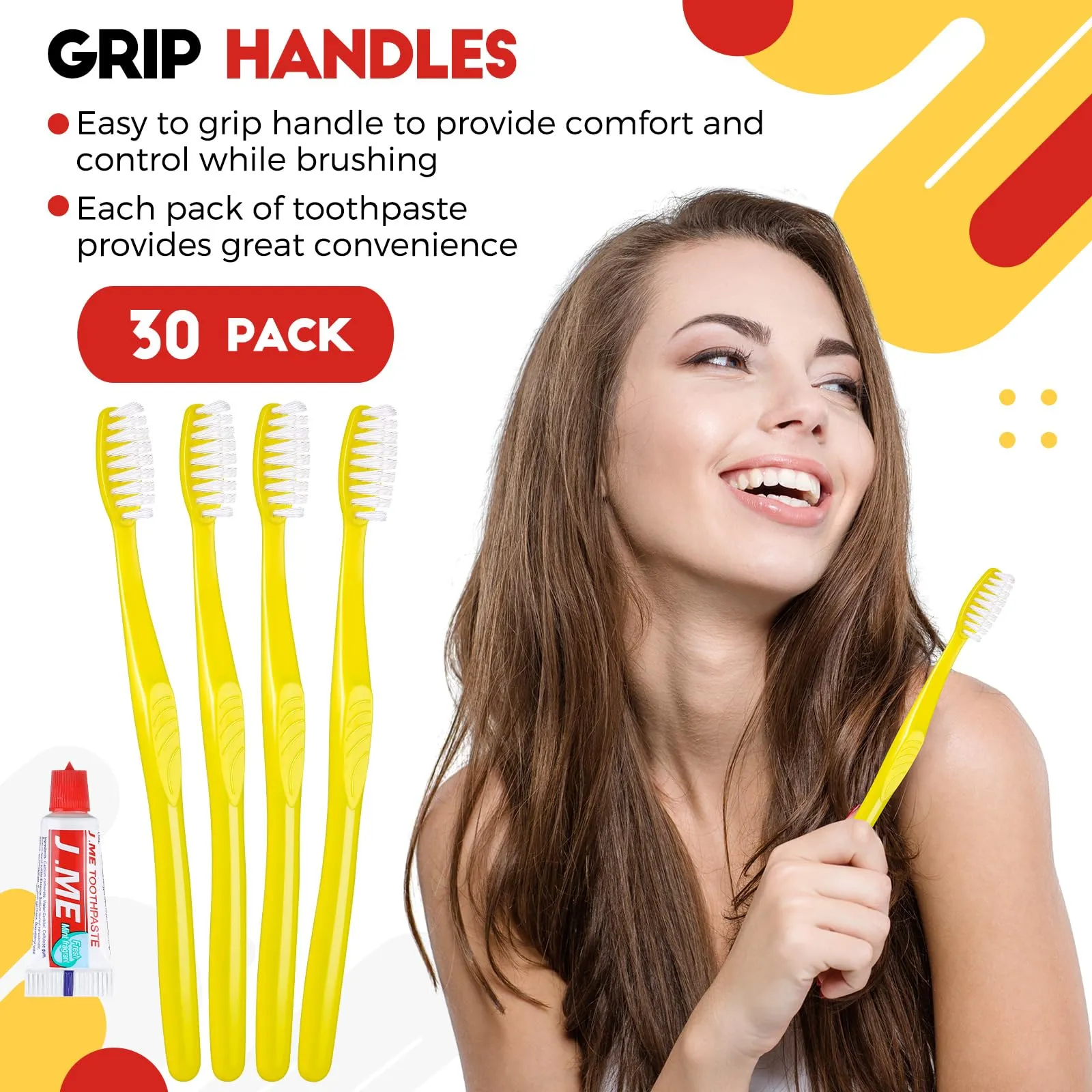 Baderke 30 Pack Disposable Toothbrushes with Toothpaste, Yellow Individually Wrapped Disposable Travel Toothbrushes Kit Bulk Toothbrushes for Homeless Nursing Home Hotel Charity