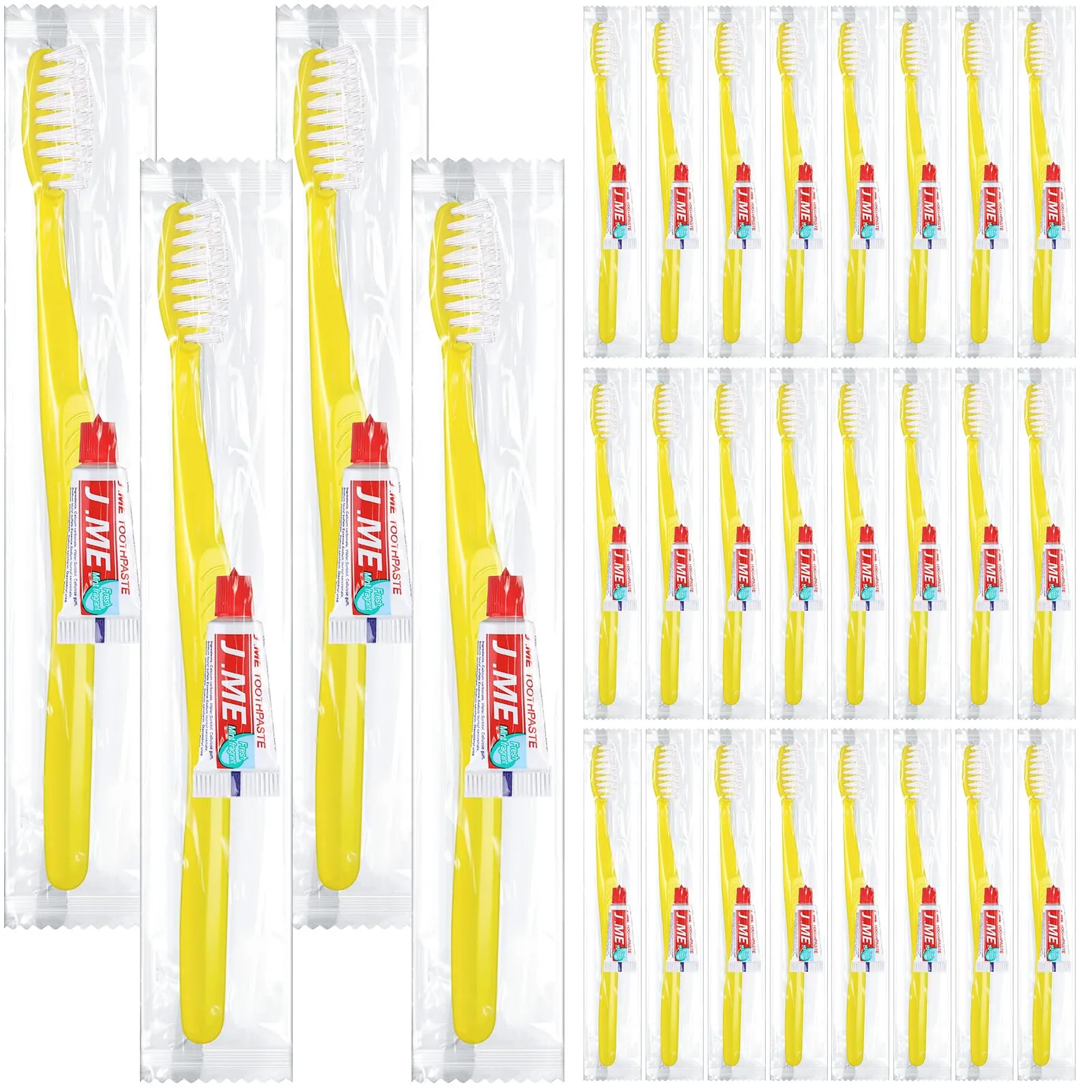 Baderke 30 Pack Disposable Toothbrushes with Toothpaste, Yellow Individually Wrapped Disposable Travel Toothbrushes Kit Bulk Toothbrushes for Homeless Nursing Home Hotel Charity