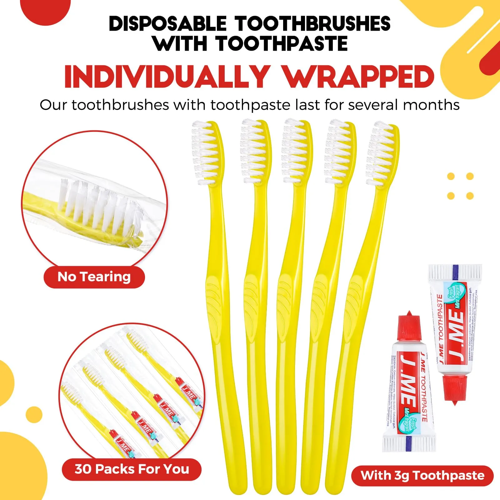 Baderke 30 Pack Disposable Toothbrushes with Toothpaste, Yellow Individually Wrapped Disposable Travel Toothbrushes Kit Bulk Toothbrushes for Homeless Nursing Home Hotel Charity