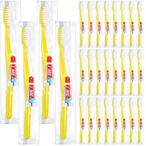 Baderke 30 Pack Disposable Toothbrushes with Toothpaste, Yellow Individually Wrapped Disposable Travel Toothbrushes Kit Bulk Toothbrushes for Homeless Nursing Home Hotel Charity