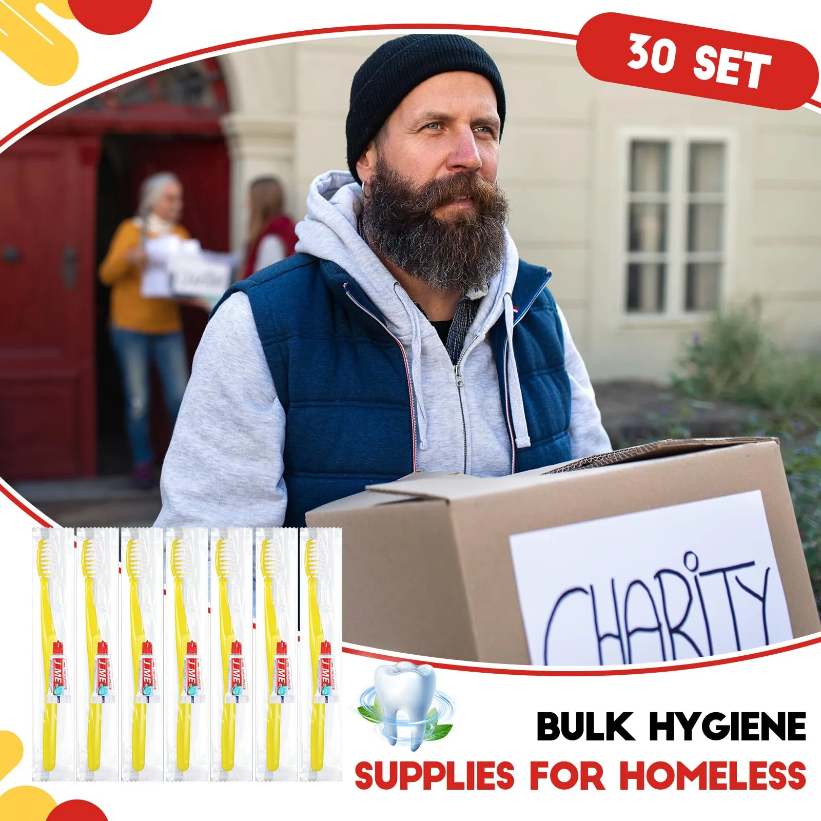 Baderke 30 Pack Disposable Toothbrushes with Toothpaste, Yellow Individually Wrapped Disposable Travel Toothbrushes Kit Bulk Toothbrushes for Homeless Nursing Home Hotel Charity