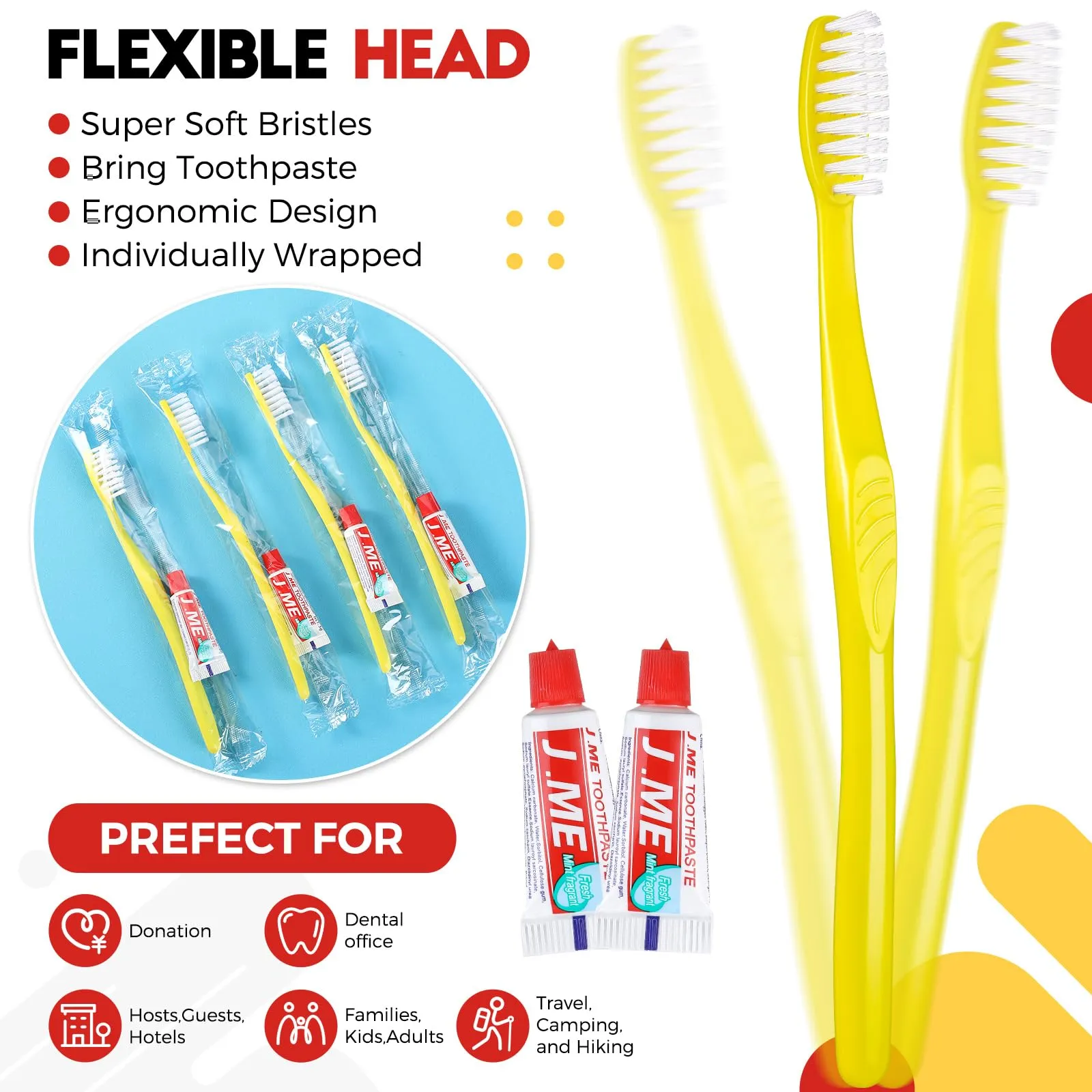 Baderke 30 Pack Disposable Toothbrushes with Toothpaste, Yellow Individually Wrapped Disposable Travel Toothbrushes Kit Bulk Toothbrushes for Homeless Nursing Home Hotel Charity