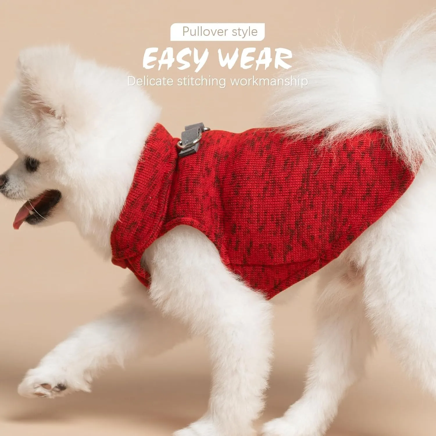BINGPET Dog Jacket with Integrated Harness, Pullover Dog Fleece Coat, Red, Size S