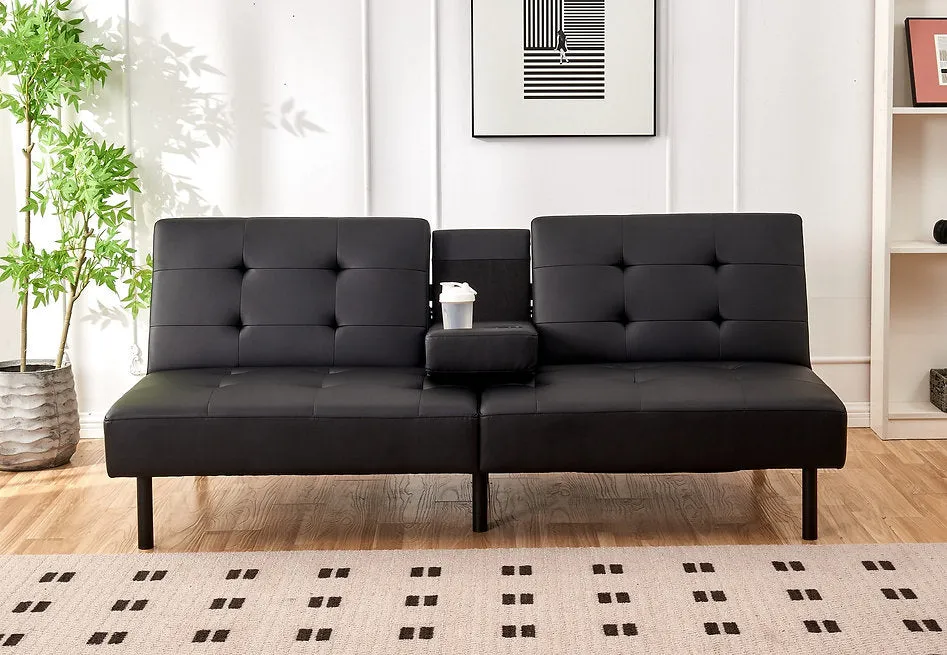 Black Leather Memory Foam Split Design Sofa Bed With Drop Down Tray- Model #8091