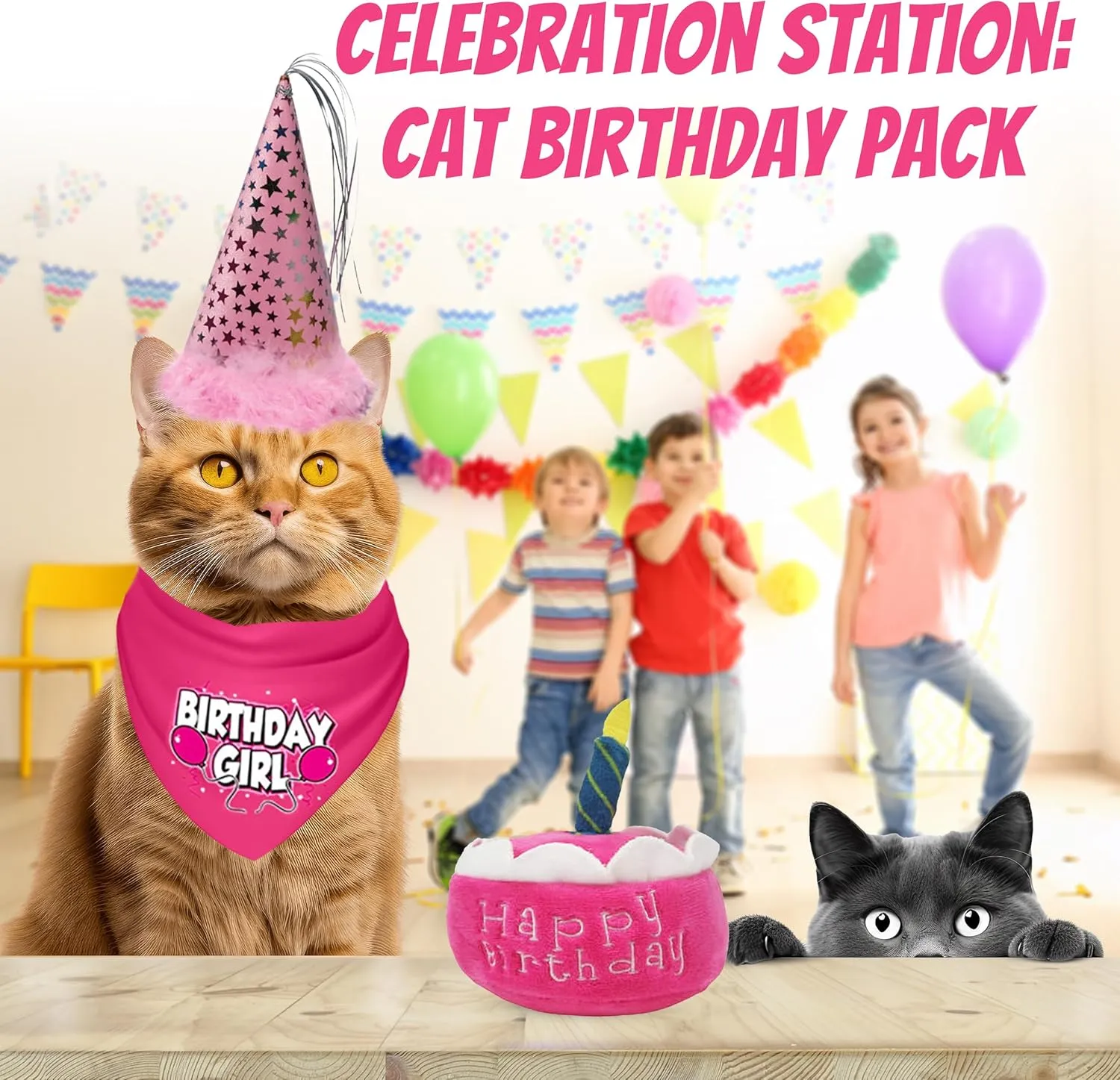 Cat Birthday Girl Party Pack with Bandana, Star Spangled Pink Party Hat with Adjustable Elastic, Tassels and Feathery Trim, and Catnip Birthday Cake Toy, Small