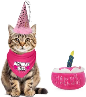 Cat Birthday Girl Party Pack with Bandana, Star Spangled Pink Party Hat with Adjustable Elastic, Tassels and Feathery Trim, and Catnip Birthday Cake Toy, Small