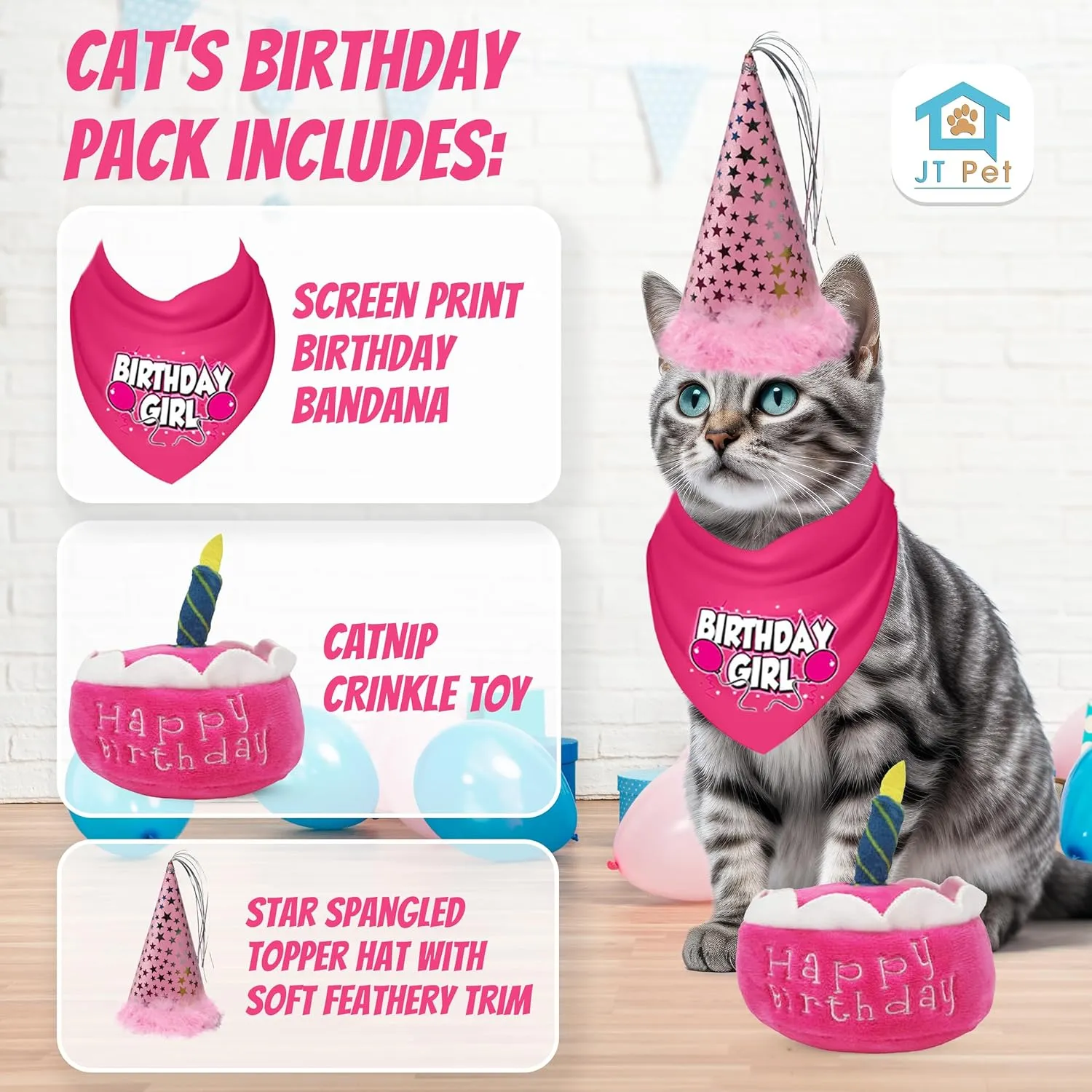 Cat Birthday Girl Party Pack with Bandana, Star Spangled Pink Party Hat with Adjustable Elastic, Tassels and Feathery Trim, and Catnip Birthday Cake Toy, Small