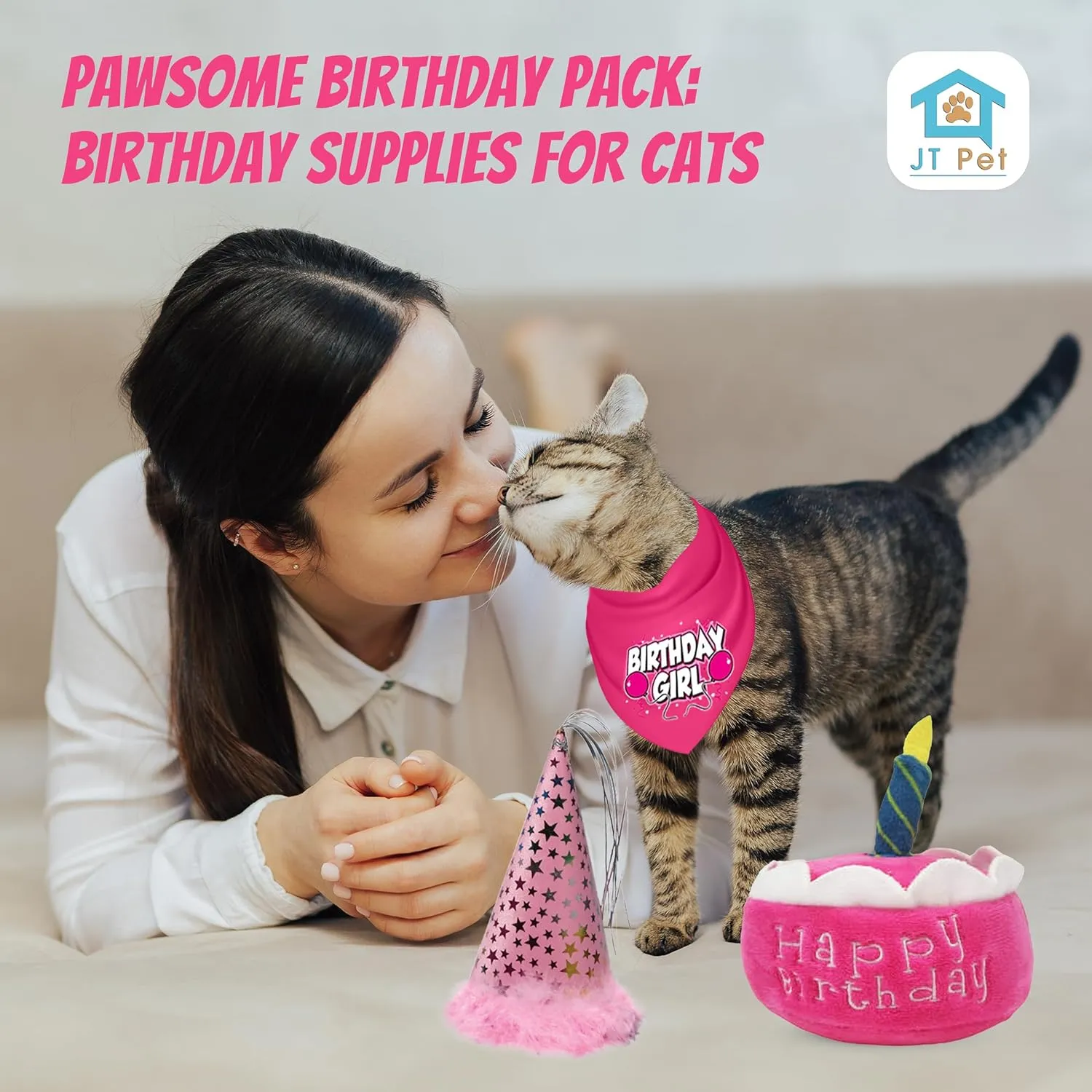 Cat Birthday Girl Party Pack with Bandana, Star Spangled Pink Party Hat with Adjustable Elastic, Tassels and Feathery Trim, and Catnip Birthday Cake Toy, Small