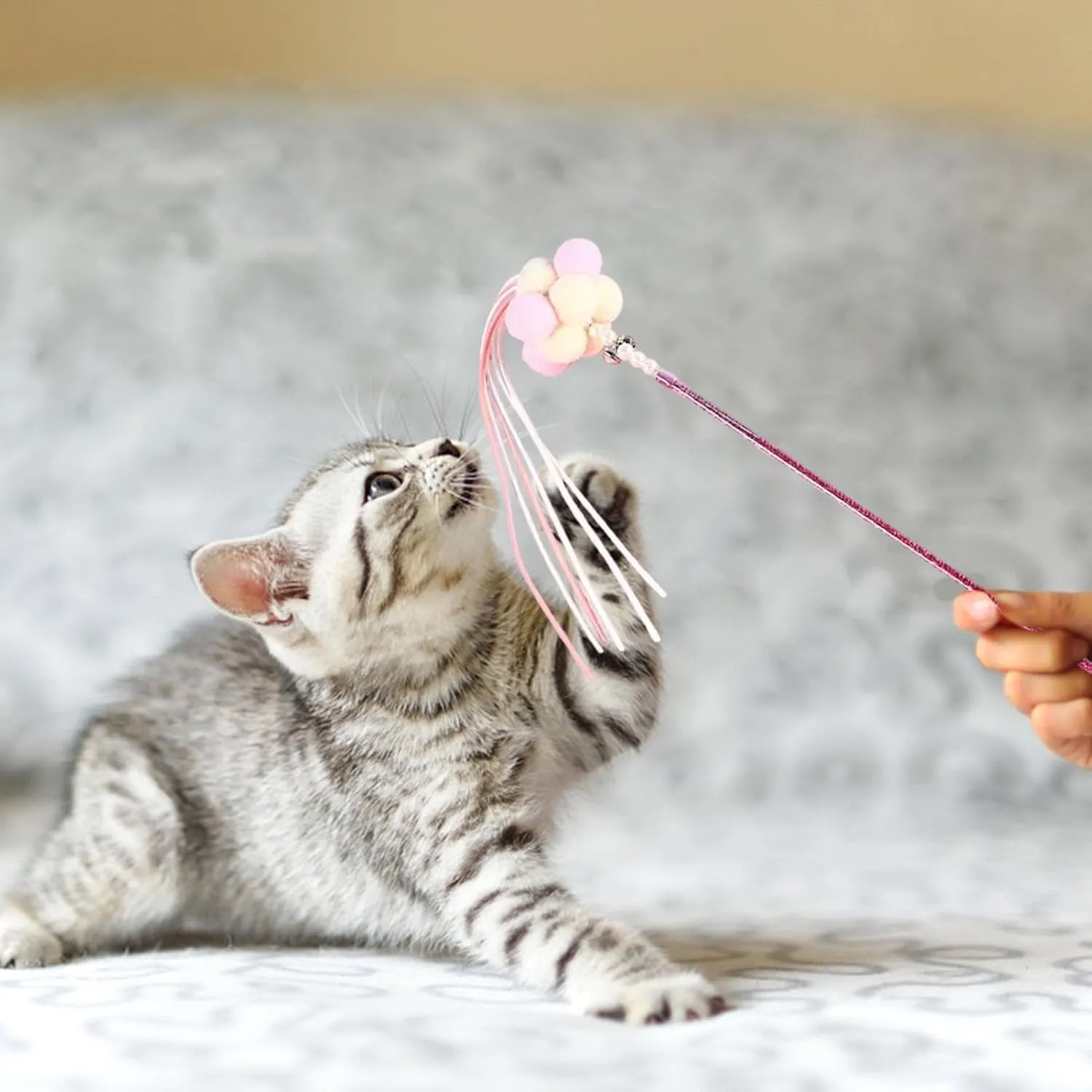 Cat Teasing Wand | Decorative Cat Teasing Toy | Cat Interactive Stick | Rainbow Play Wand Stick Funny Pet Interactive Toys, Cat Teaser Ribbons Rod for Cats Indoor and Outdoor Activity, Pink