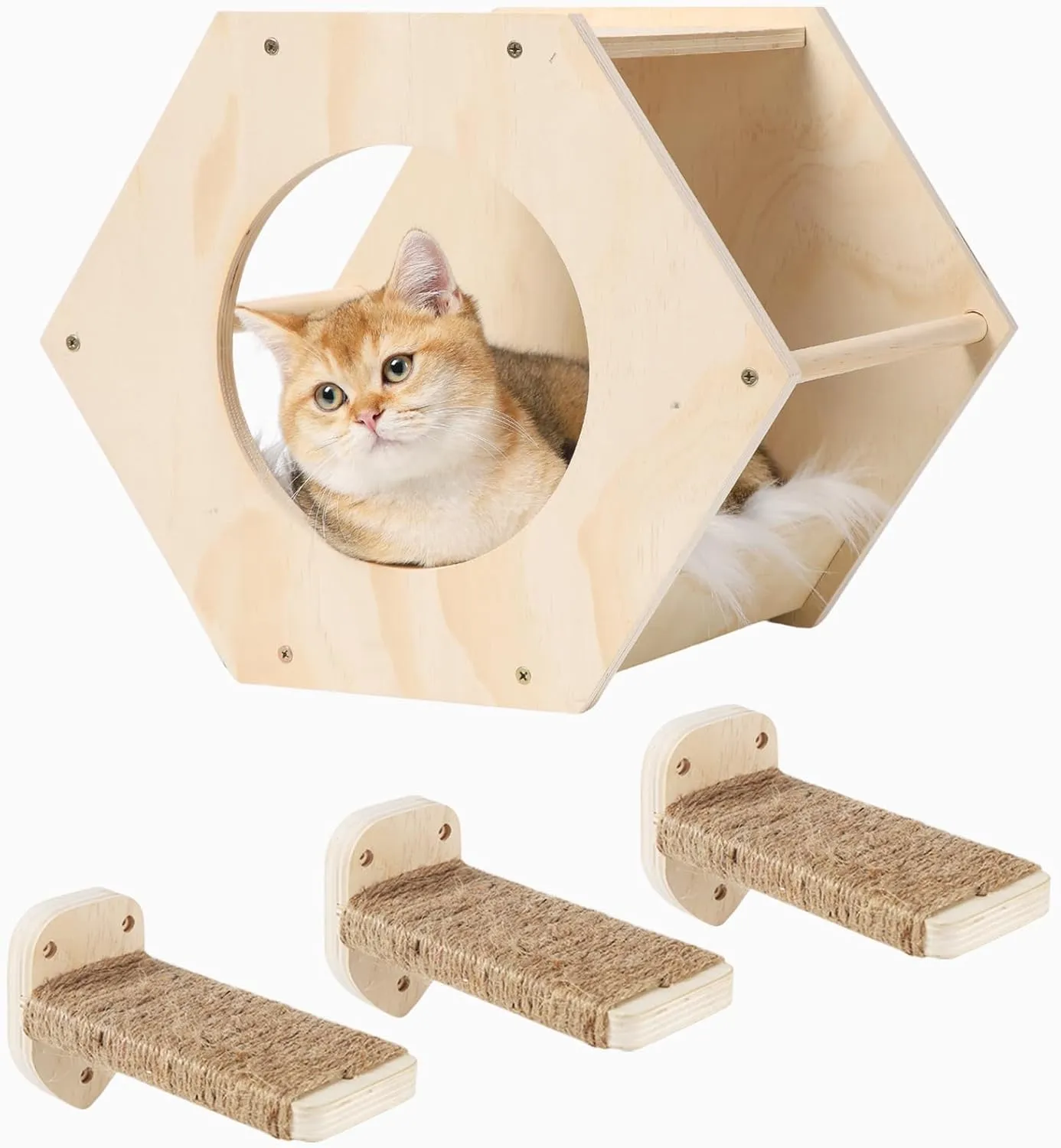 Cat Wall Shelves, Cat Shelves for Wall, Cat Wall Furniture, Cat Shelf with 3 Steps Scratcher Post, Cat Tree Hammock with Plush Wall Mounted, Climbing Shelf Wall Mount for Indoor Cats (Wood)