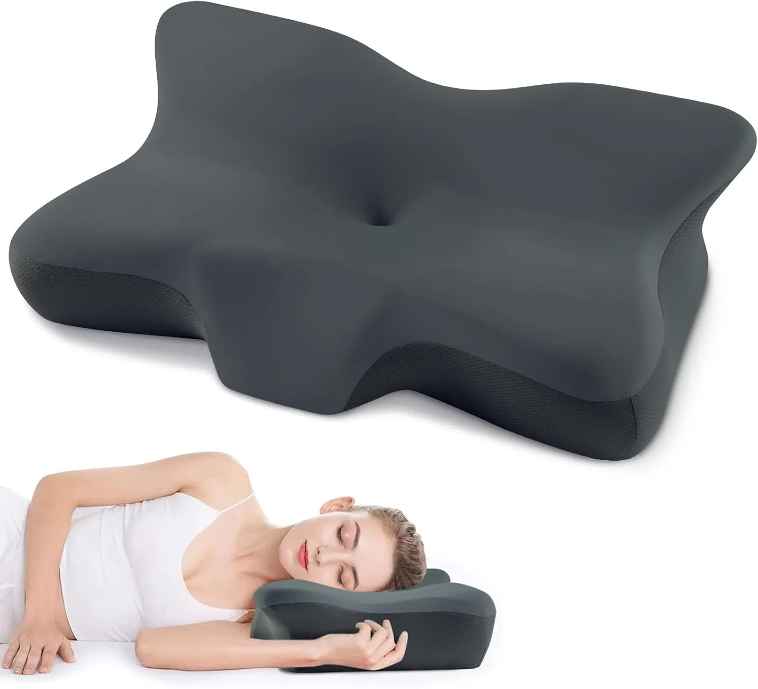 Cervical Neck Pillow, Ergonomic Memory Foam Cervical Pillows, Contour Side Sleeper Pillows for Adults, Orthopedic Neck Support Pillow for Back Stomach Sleeper with Removable Pillowcase (Dark Grey)