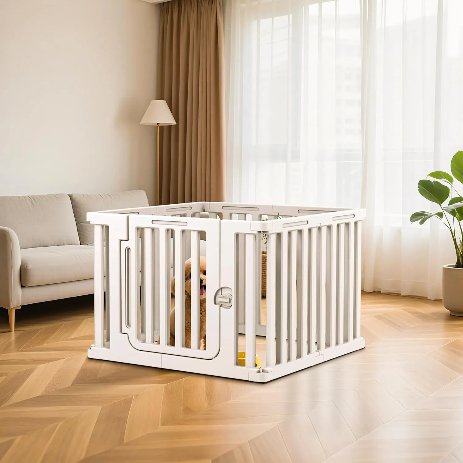 Citylife Plastic Dog Playpen for Indoor Outdoor, 7-Panel Portable Pet Play Pen Puppy Playpen with Secure Locking Door Keep Pets Secure, Easy Assemble and Fold