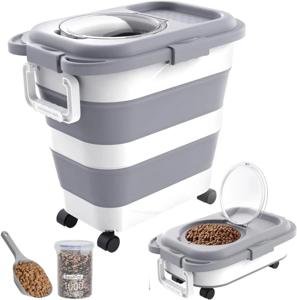 Collapsible Dog Food Storage Containers Set  13lbs & 28lbs with Sealing Lids, Scoop, Silicone Bowl & Wheels for Dry Pet Food