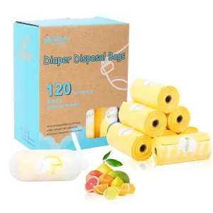 Diaper Disposal Bags - 8 Refill Rolls/120 Pack Baby Poop Bag with Dispenser | Tropical Fruit Scented | Leak Proof & Trash Bags for Diapers