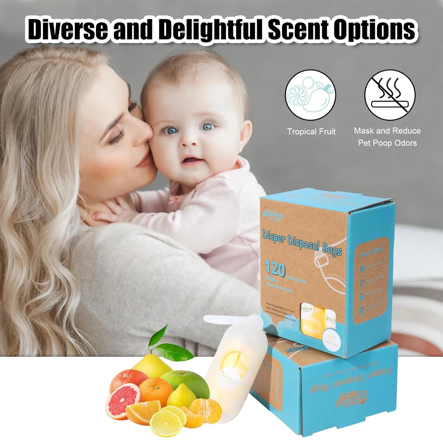 Diaper Disposal Bags - 8 Refill Rolls/120 Pack Baby Poop Bag with Dispenser | Tropical Fruit Scented | Leak Proof & Trash Bags for Diapers