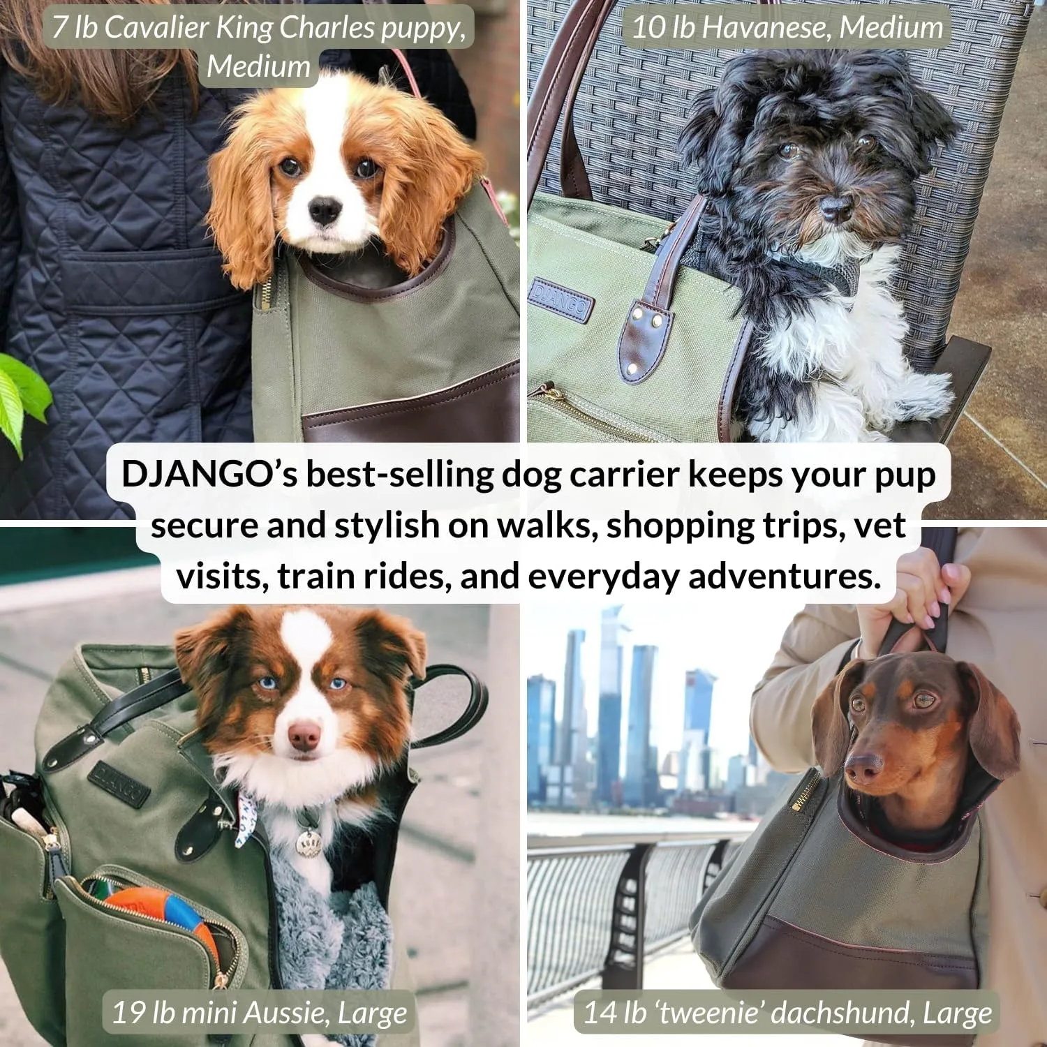 DJANGO Dog Carrier Bag Large - Waxed Canvas and Leather Soft Dog Travel Carrier - Olive Green Travel Tote Bag for Pets with Harness Safety Tether, Secure Zipper Pockets, and Water-Resistant Lining
