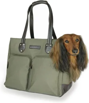DJANGO Dog Carrier Bag Large - Waxed Canvas and Leather Soft Dog Travel Carrier - Olive Green Travel Tote Bag for Pets with Harness Safety Tether, Secure Zipper Pockets, and Water-Resistant Lining