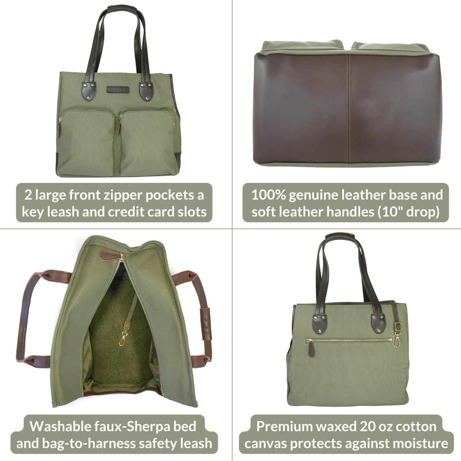 DJANGO Dog Carrier Bag Large - Waxed Canvas and Leather Soft Dog Travel Carrier - Olive Green Travel Tote Bag for Pets with Harness Safety Tether, Secure Zipper Pockets, and Water-Resistant Lining