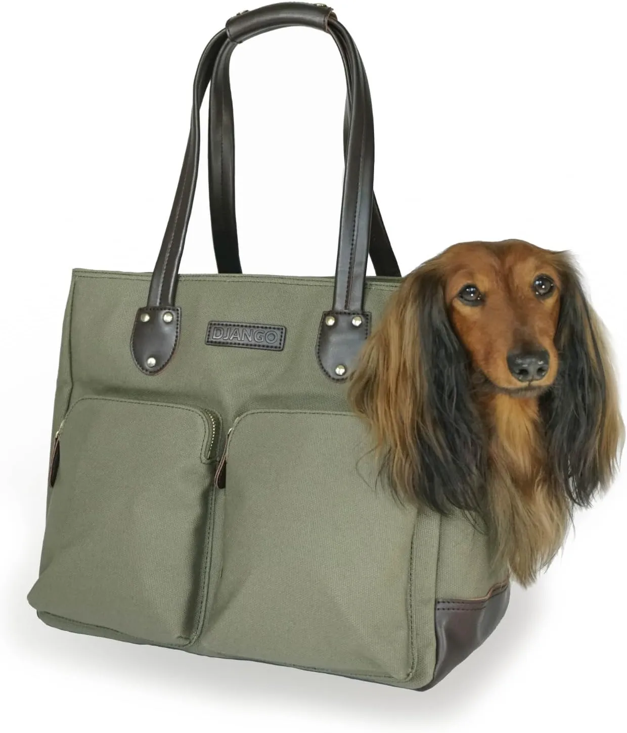 DJANGO Dog Carrier Bag Large - Waxed Canvas and Leather Soft Dog Travel Carrier - Olive Green Travel Tote Bag for Pets with Harness Safety Tether, Secure Zipper Pockets, and Water-Resistant Lining
