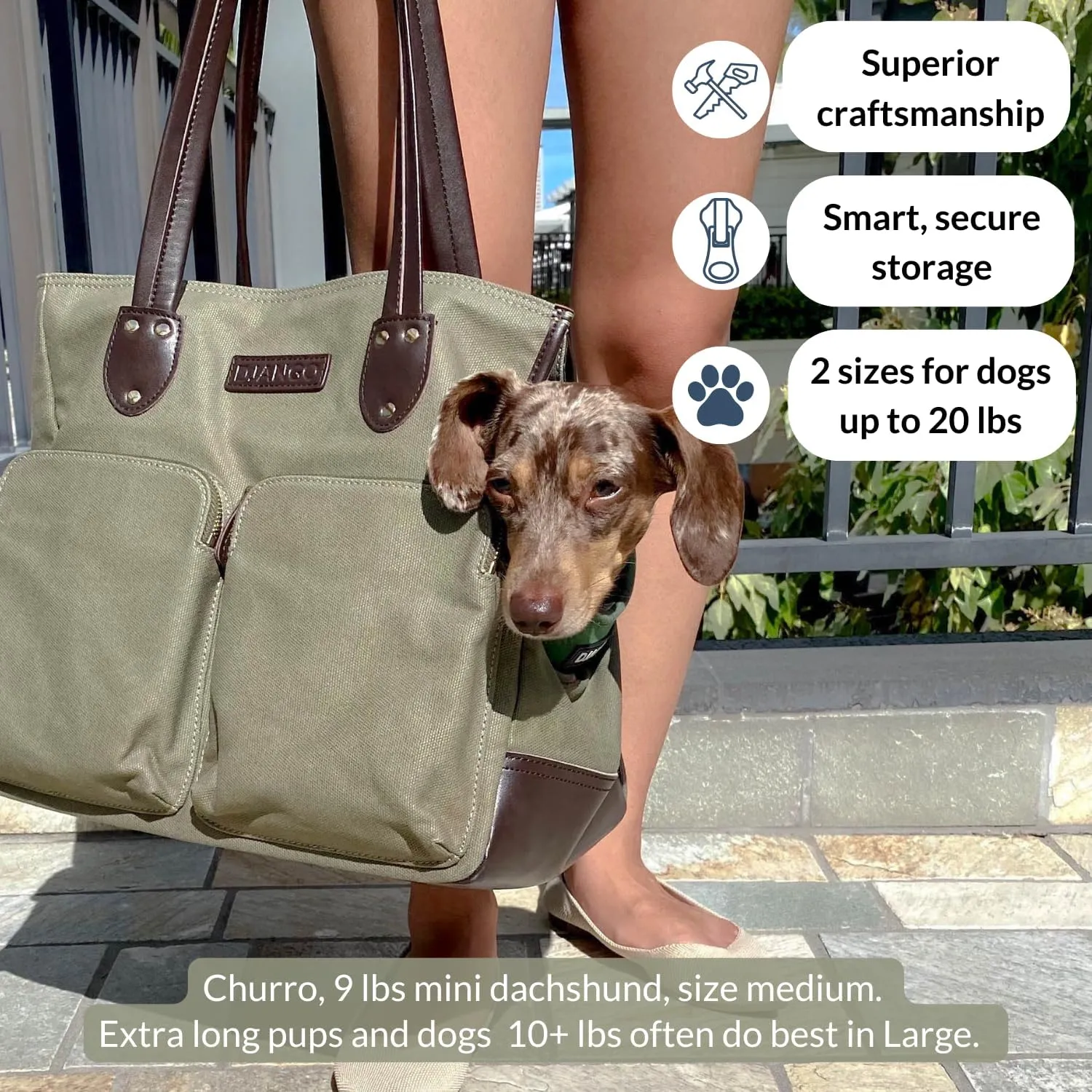 DJANGO Dog Carrier Bag Large - Waxed Canvas and Leather Soft Dog Travel Carrier - Olive Green Travel Tote Bag for Pets with Harness Safety Tether, Secure Zipper Pockets, and Water-Resistant Lining