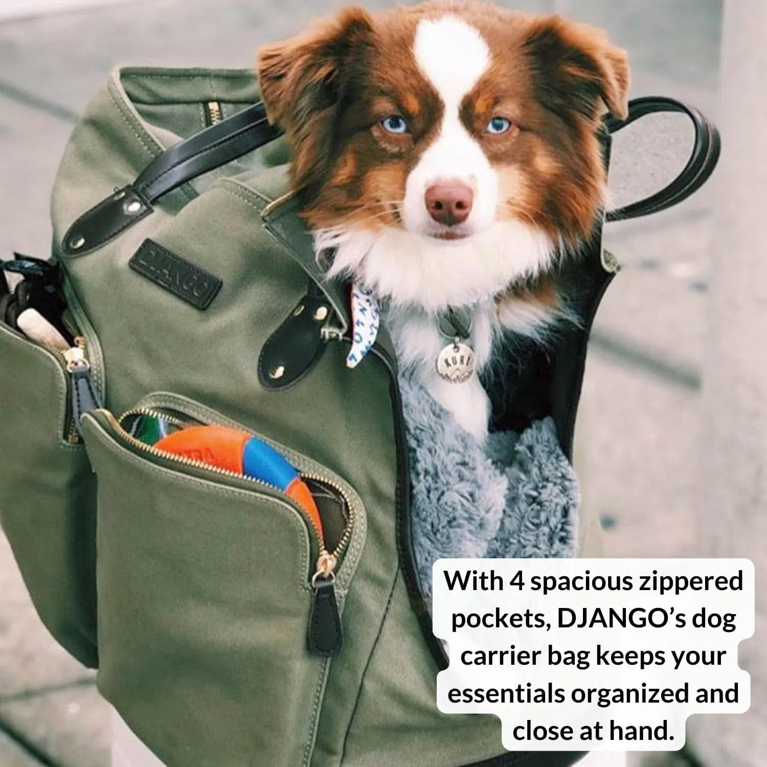 DJANGO Dog Carrier Bag Large - Waxed Canvas and Leather Soft Dog Travel Carrier - Olive Green Travel Tote Bag for Pets with Harness Safety Tether, Secure Zipper Pockets, and Water-Resistant Lining