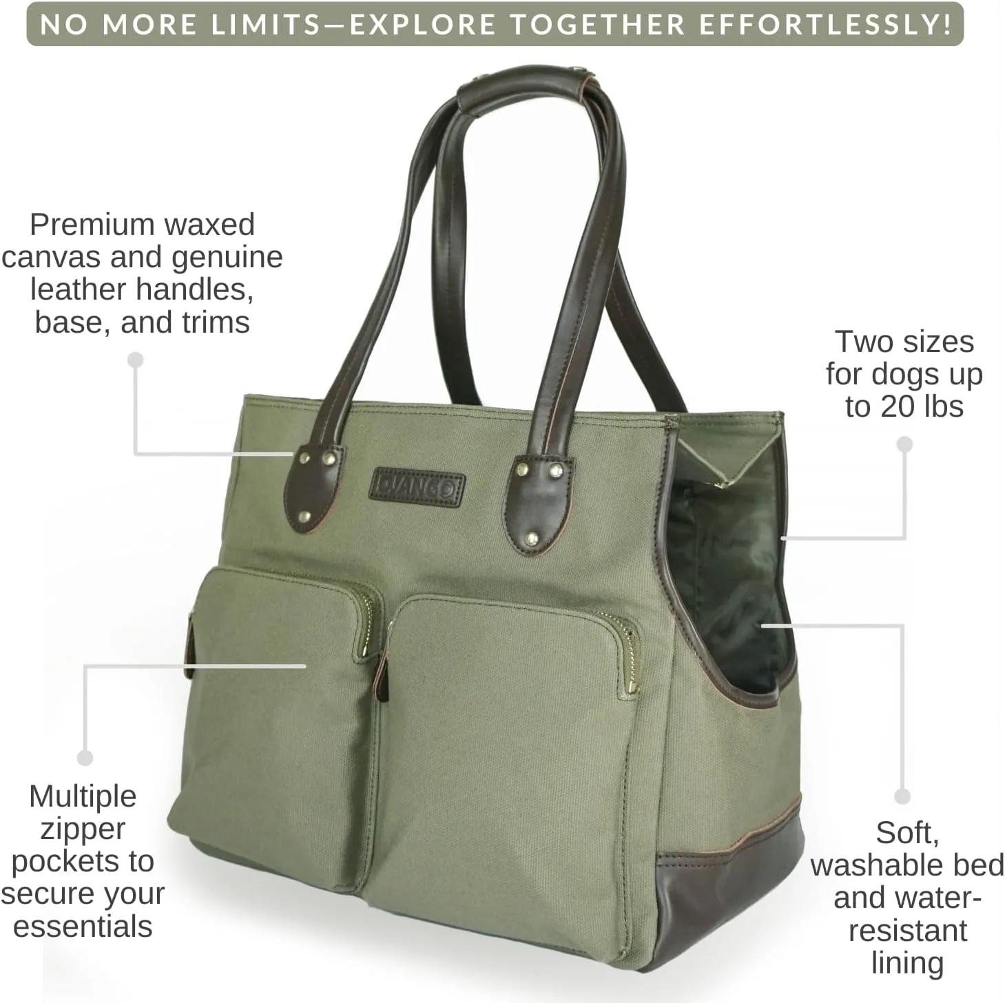 DJANGO Dog Carrier Bag Large - Waxed Canvas and Leather Soft Dog Travel Carrier - Olive Green Travel Tote Bag for Pets with Harness Safety Tether, Secure Zipper Pockets, and Water-Resistant Lining
